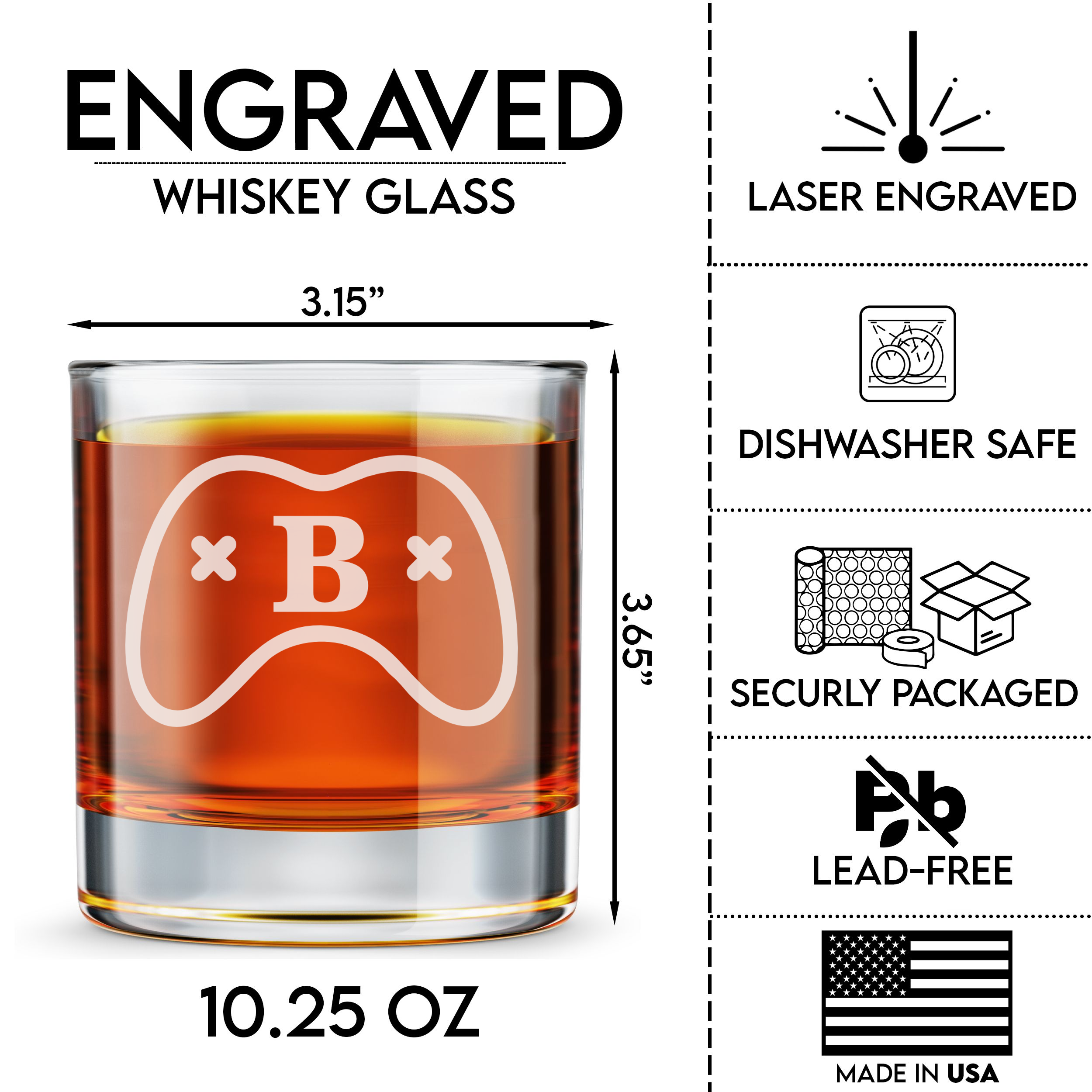 Personalized  Gamer Monogram Whiskey Glass Custom Engraved Old Fashioned Glass 11 oz