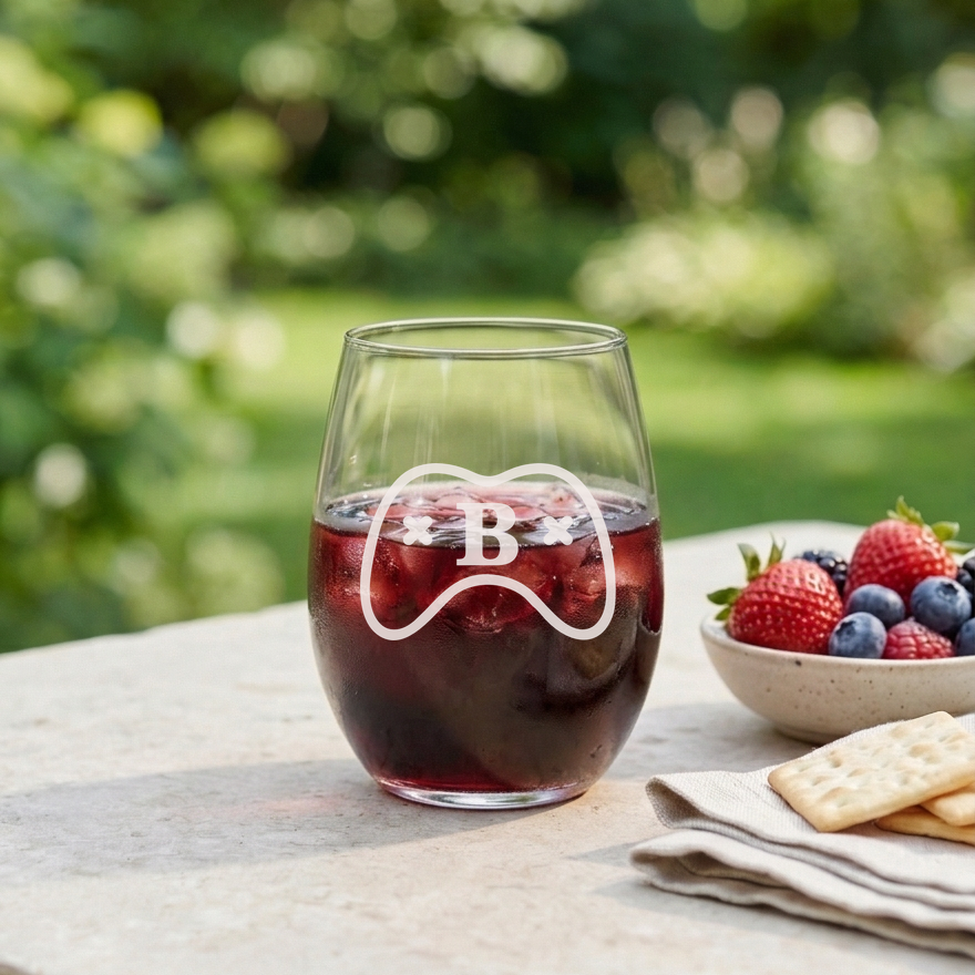 Personalized Gamer Monogram Wine Glass Custom Engraved 15 oz Stemless Wine Glass