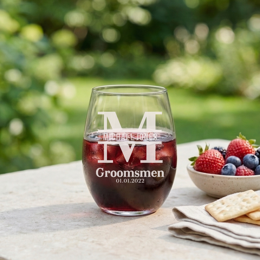 Personalized Groomsmen Themed Wine Glass Custom Engraved 15 oz Stemless Wine Glass
