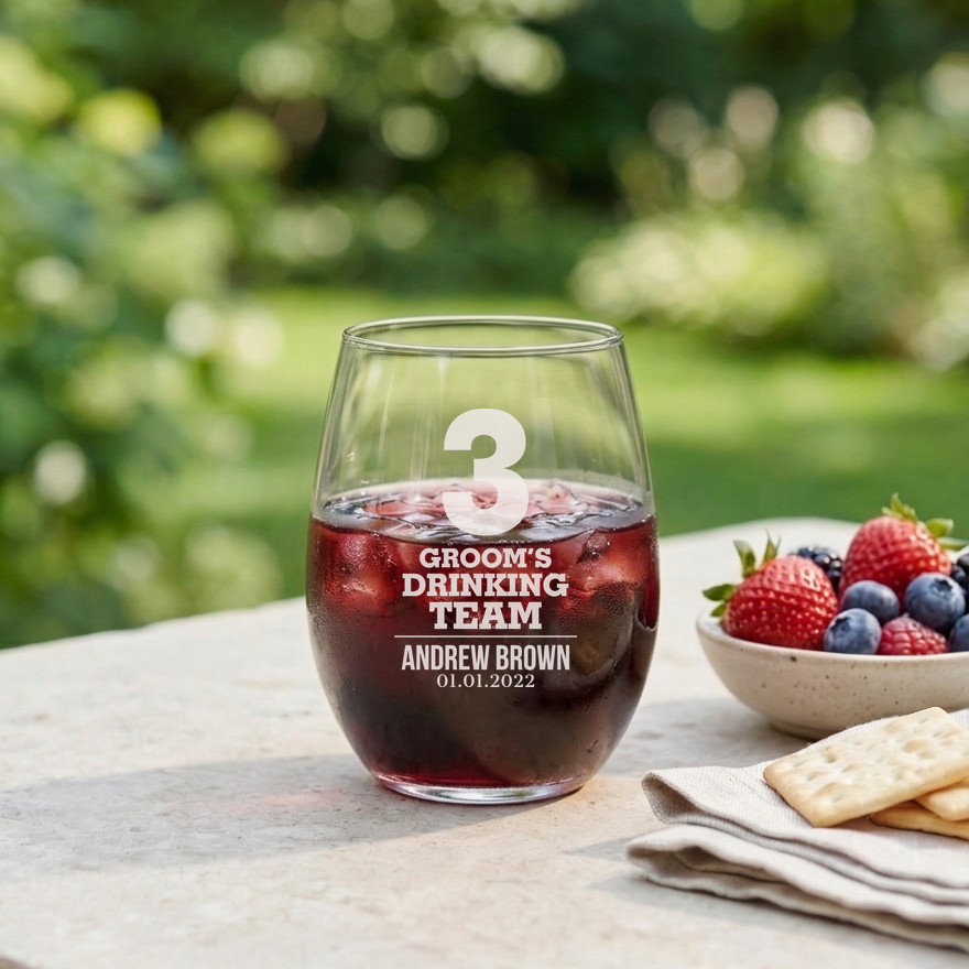 Personalized Wine Glass for Groomsmen Custom Engraved 15 oz Stemless Wine Glass
