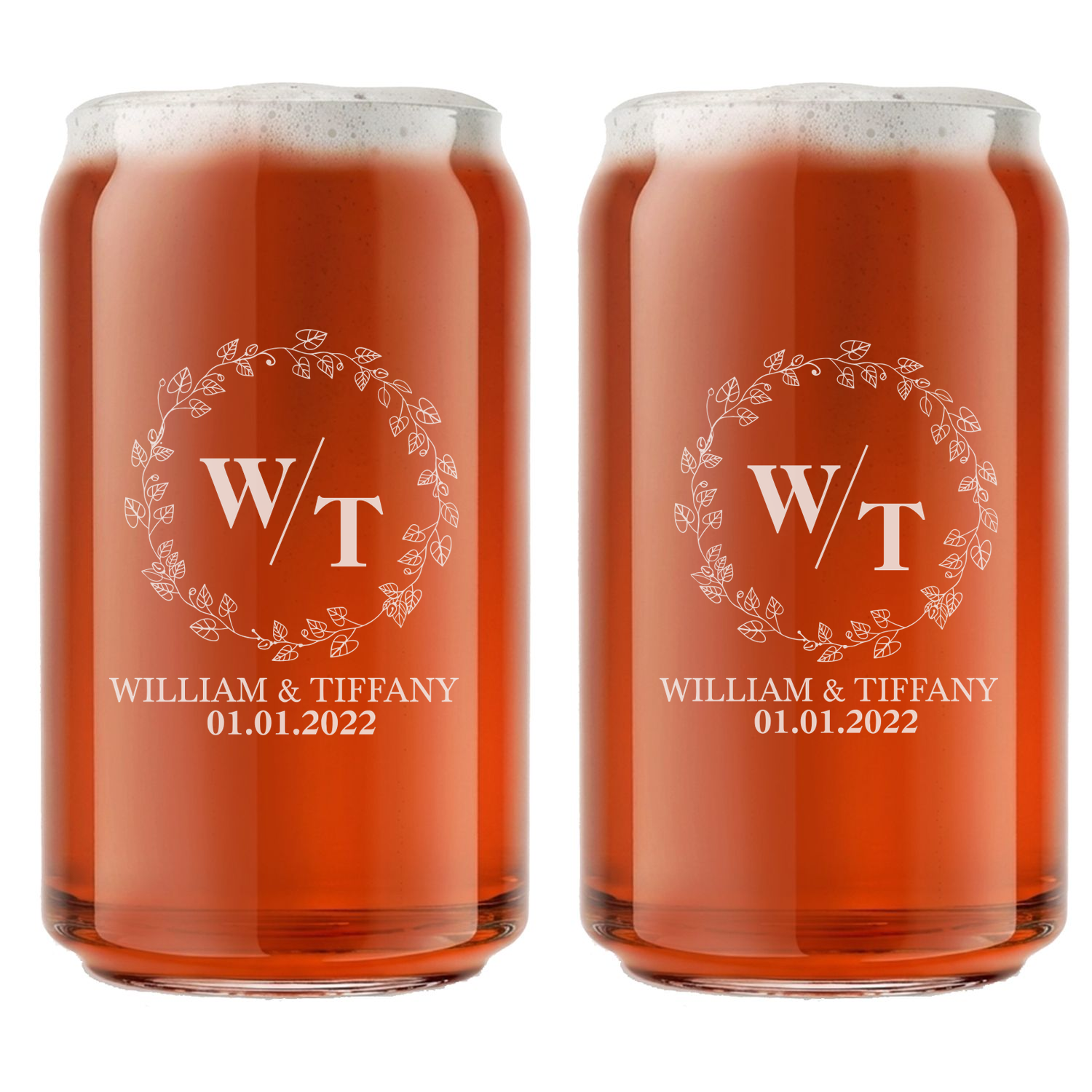 Personalized Wedding Themed Beer Can with Names Custom Engraved 16 oz Beer Can Glass