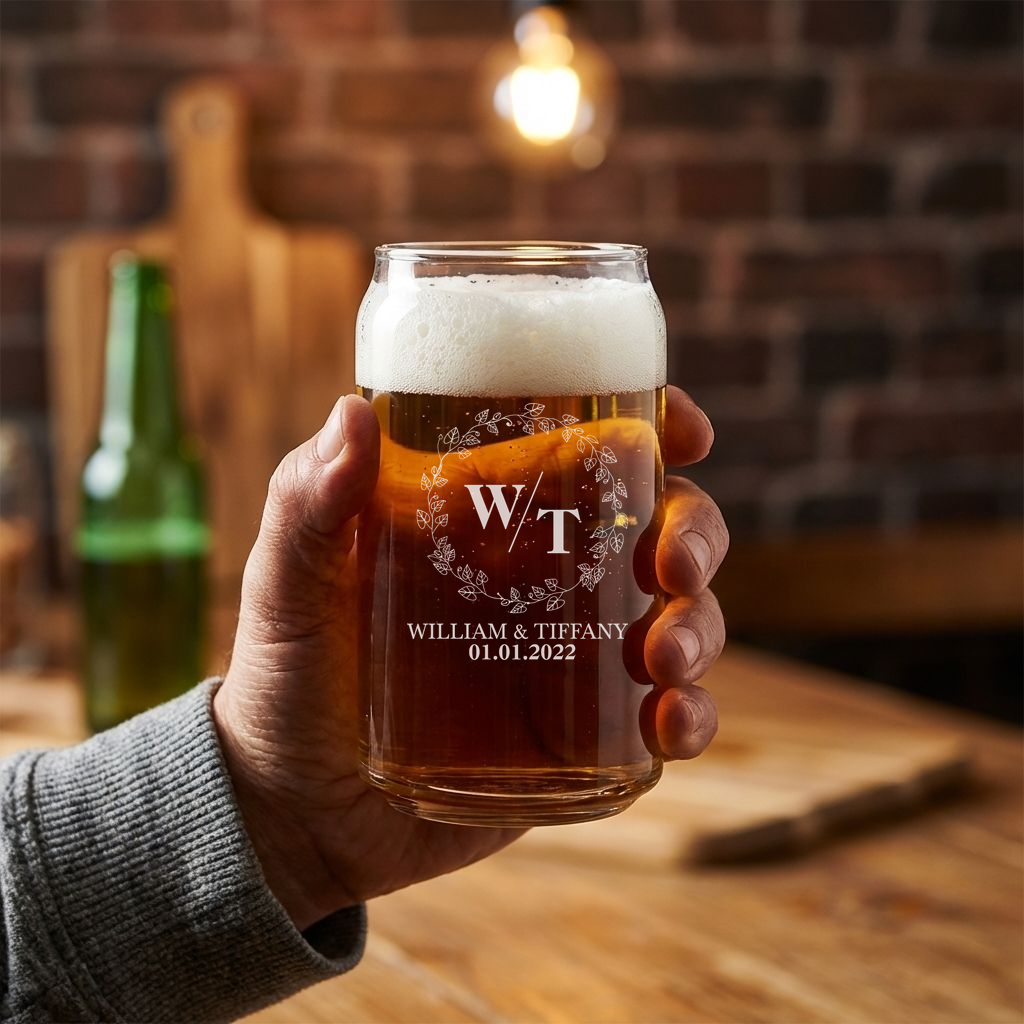 Personalized Wedding Themed Beer Can with Names Custom Engraved 16 oz Beer Can Glass