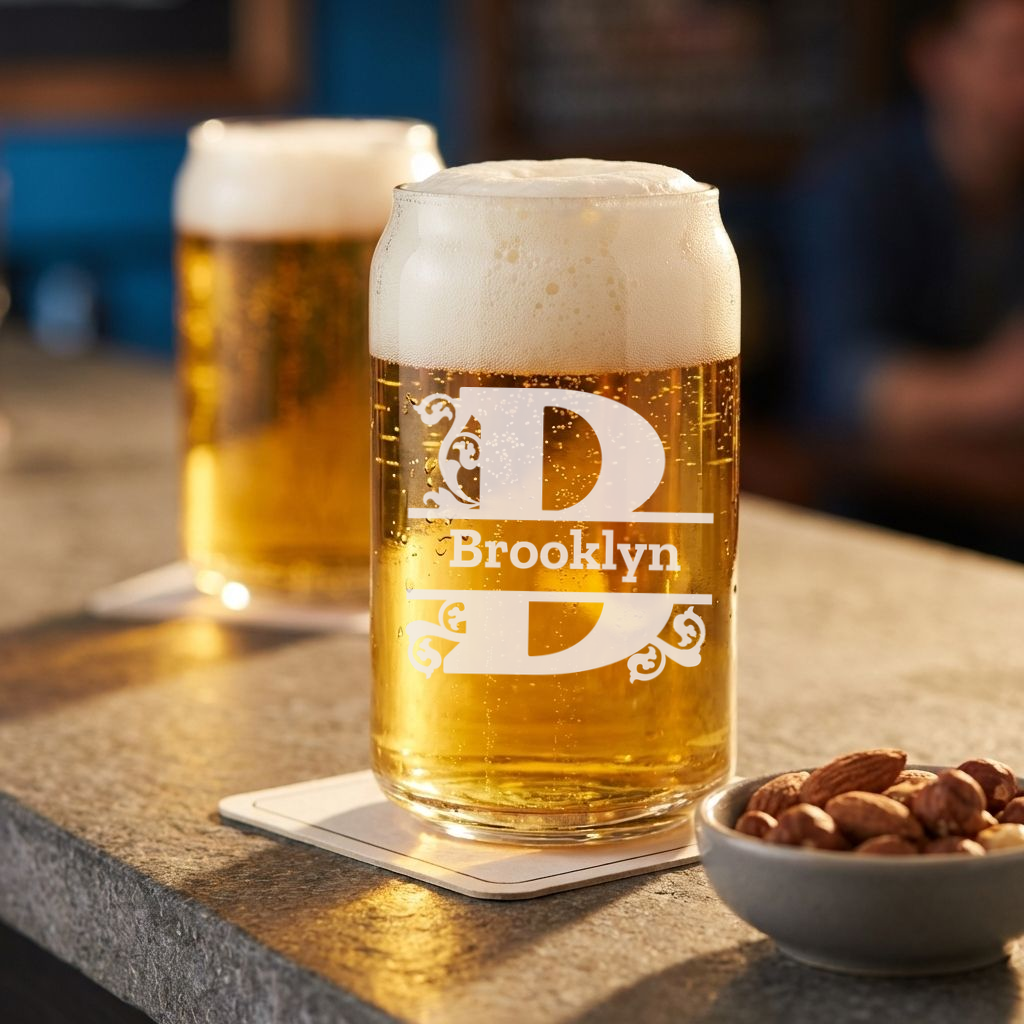 Personalized 1 Letter Monogram Beer Can Custom Engraved 16 oz Beer Can Glass