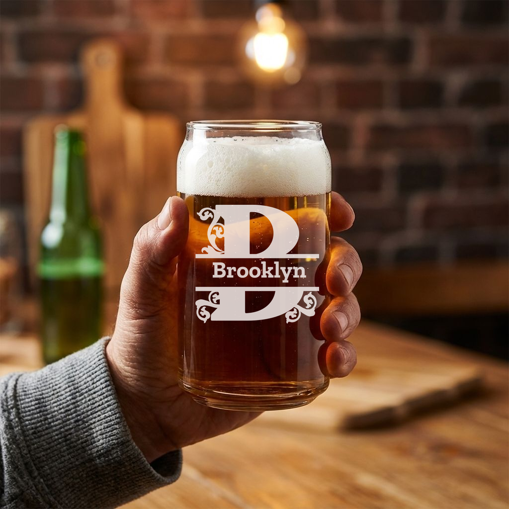 Personalized 1 Letter Monogram Beer Can Custom Engraved 16 oz Beer Can Glass