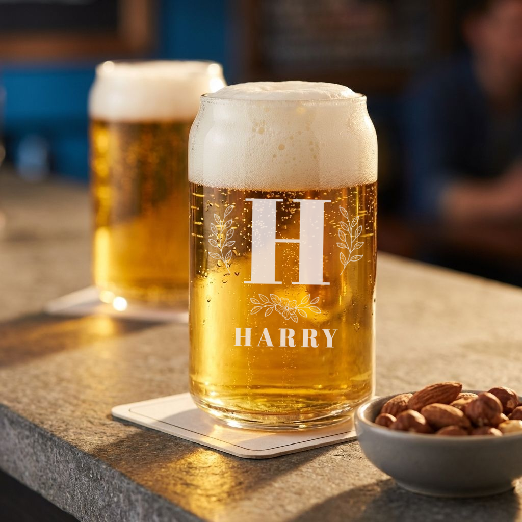 Personalized 1 Letter with Name Monogram Beer Can Custom Engraved 16 oz Beer Can Glass
