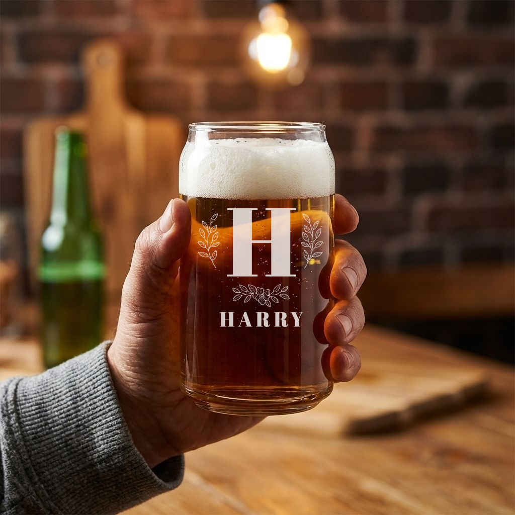 Personalized 1 Letter with Name Monogram Beer Can Custom Engraved 16 oz Beer Can Glass
