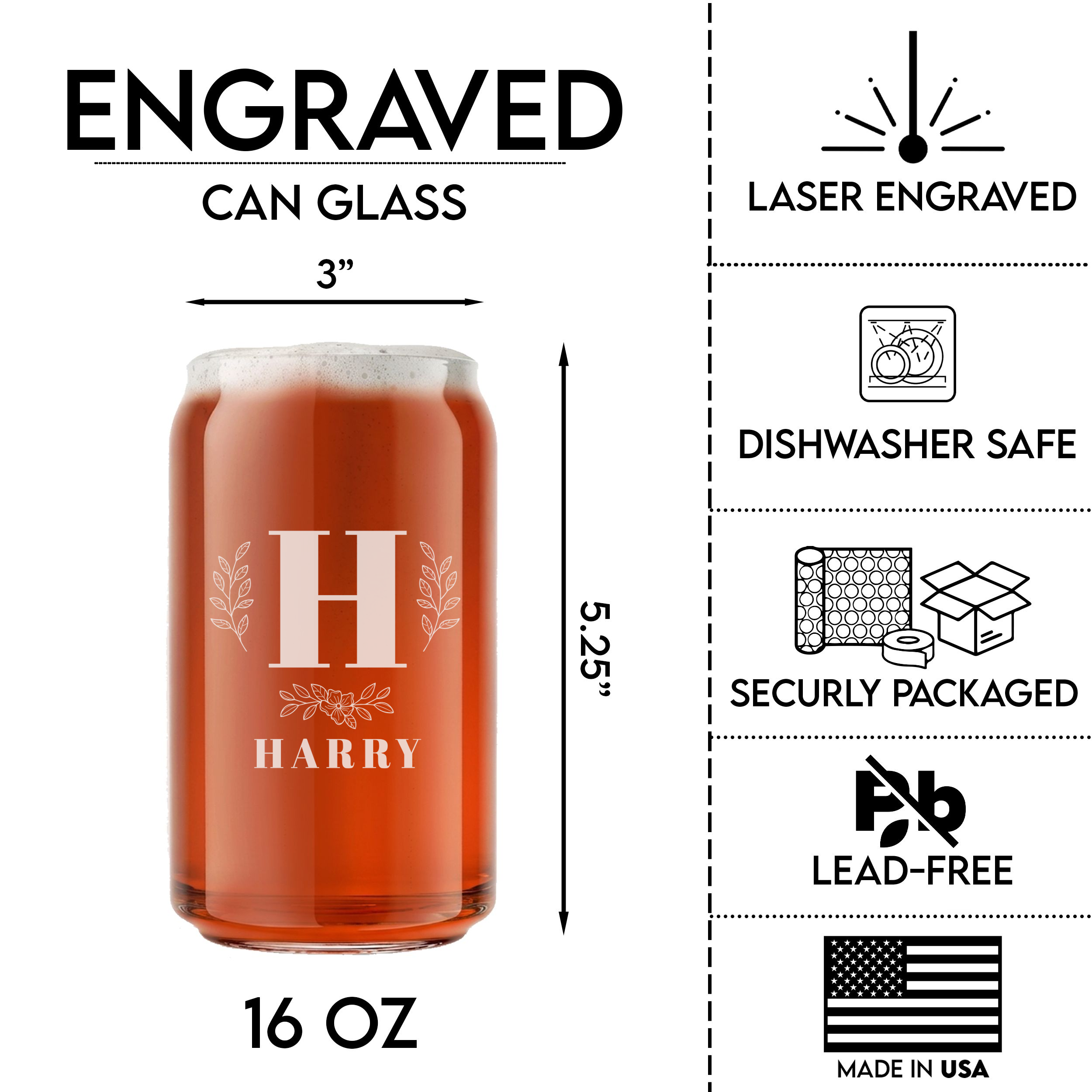Personalized 1 Letter with Name Monogram Beer Can Custom Engraved 16 oz Beer Can Glass