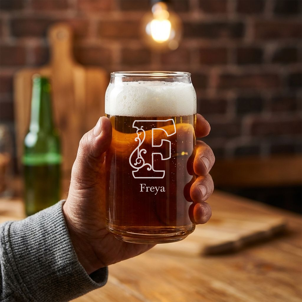 Personalized 1 Letter Floral Themed Monogram Beer Can Custom Engraved 16 oz Beer Can Glass