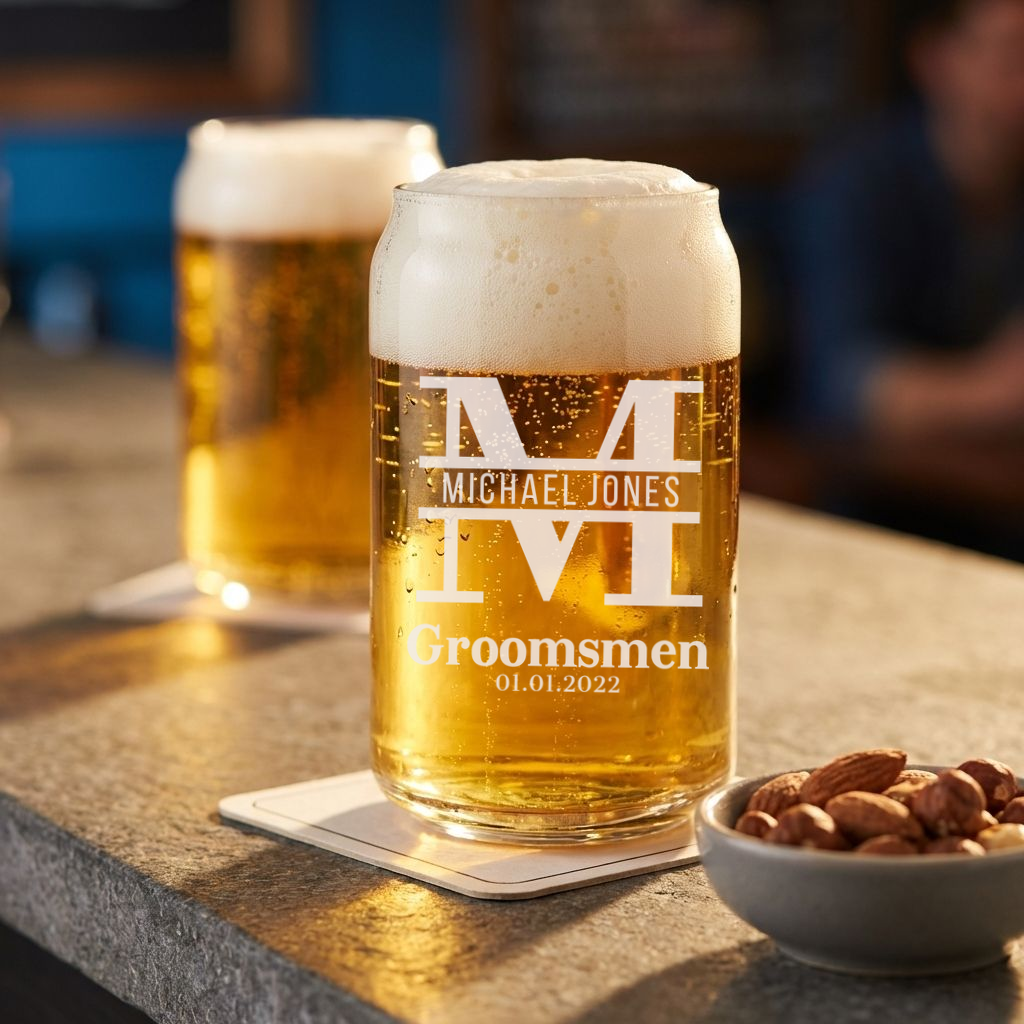 Personalized Groomsmen Themed Beer Can Custom Engraved 16 oz Beer Can Glass