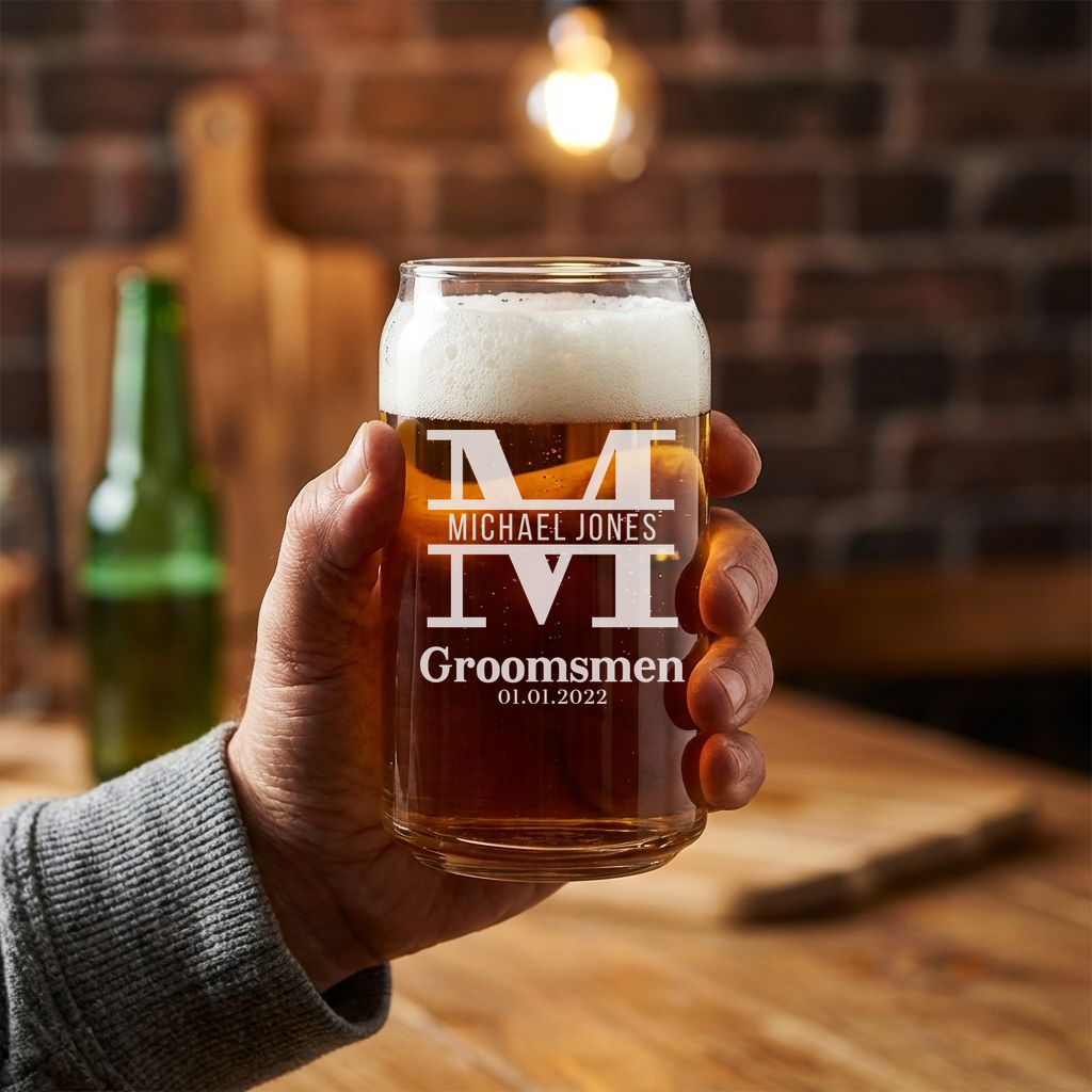 Personalized Groomsmen Themed Beer Can Custom Engraved 16 oz Beer Can Glass