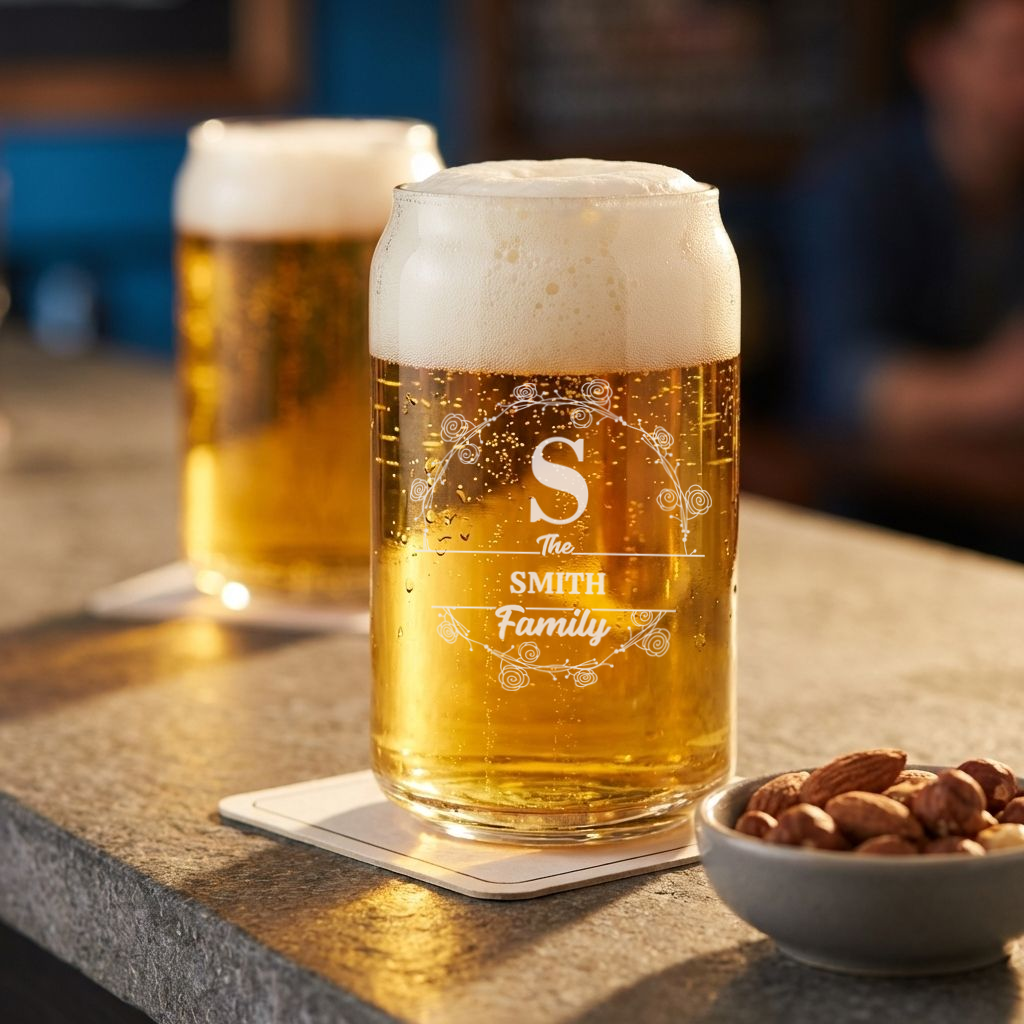 Personalized Beer Can with Family Name Custom Engraved 16 oz Beer Can Glass