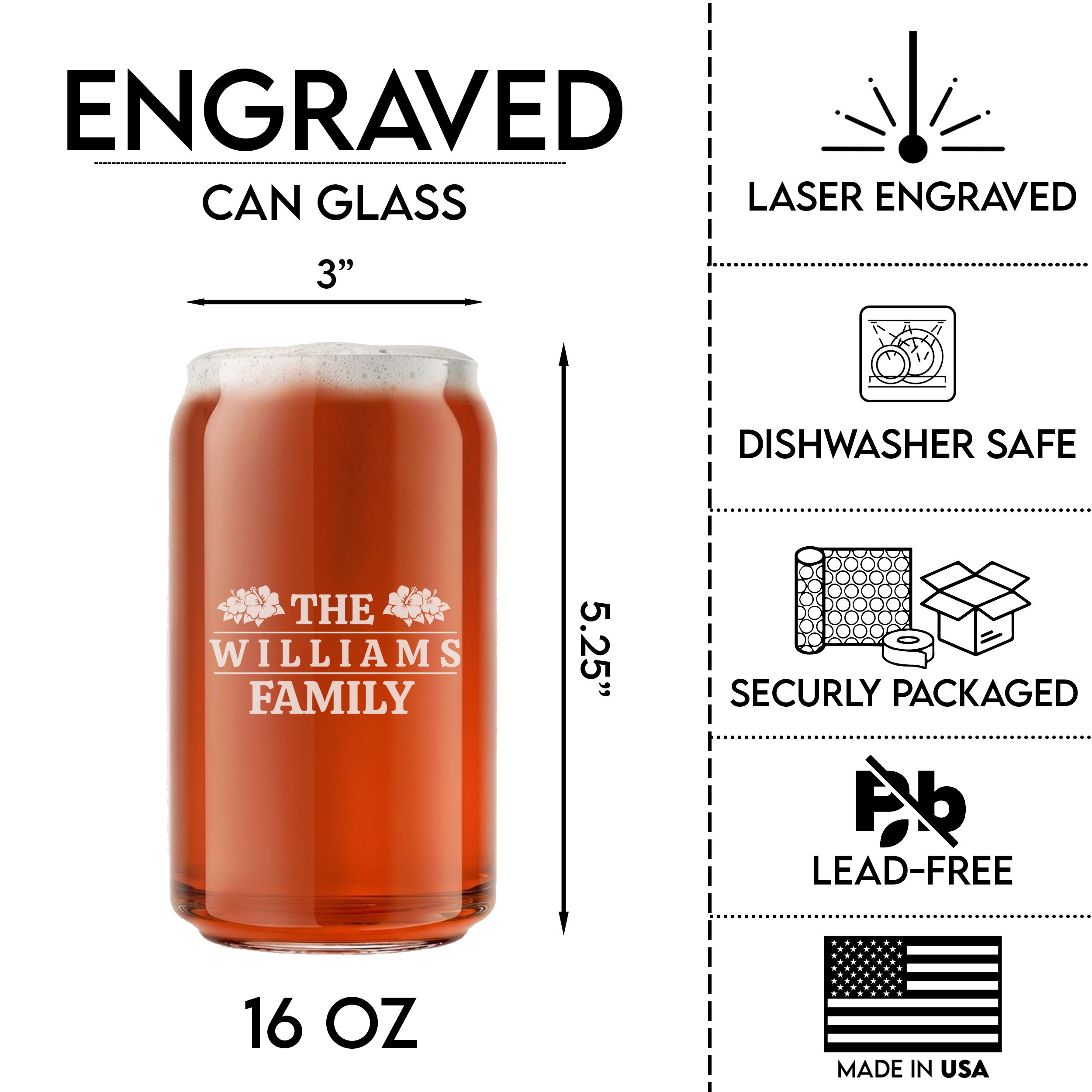 Personalized Beer Can with Surname Custom Engraved 16 oz Beer Can Glass