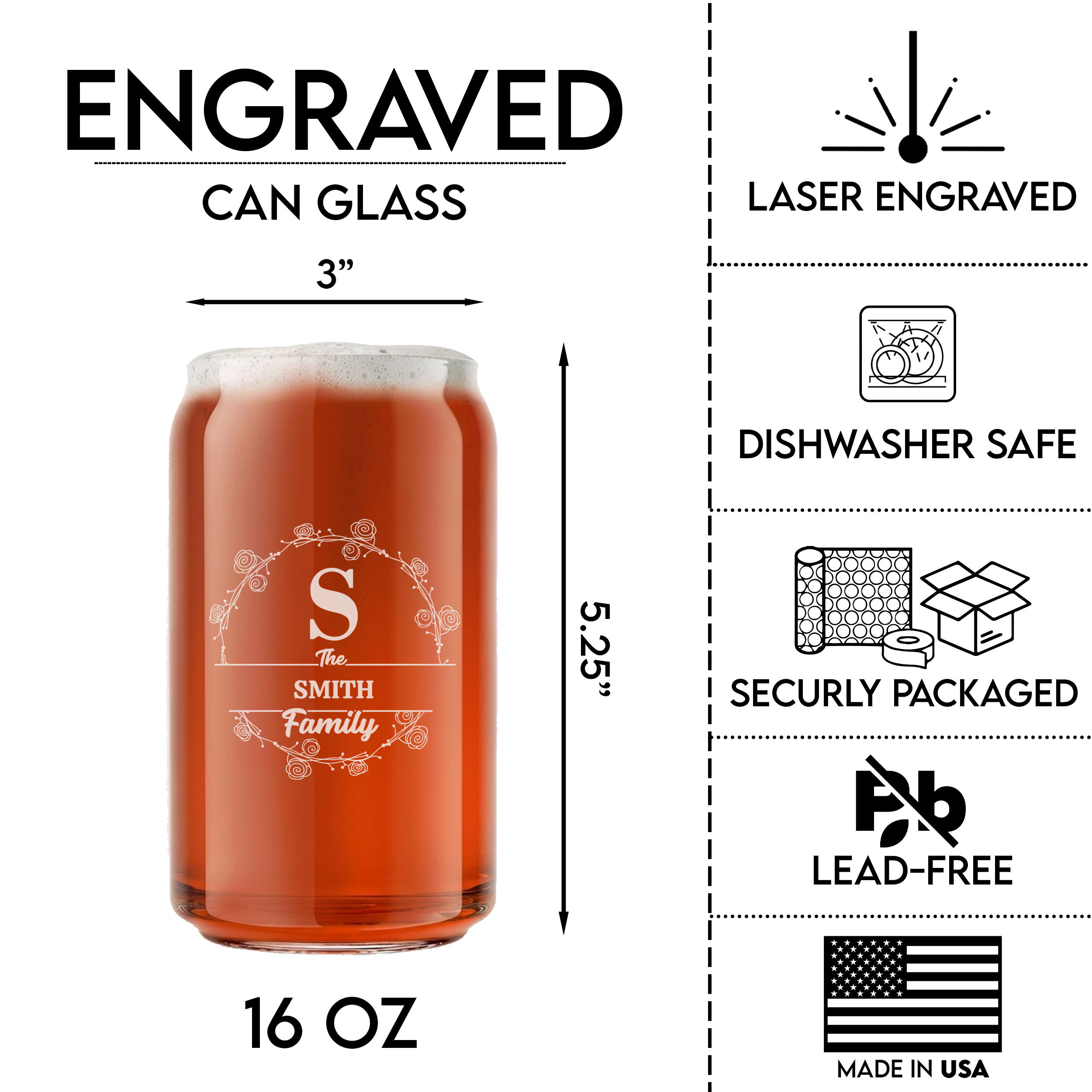 Personalized Beer Can with Family Name Custom Engraved 16 oz Beer Can Glass