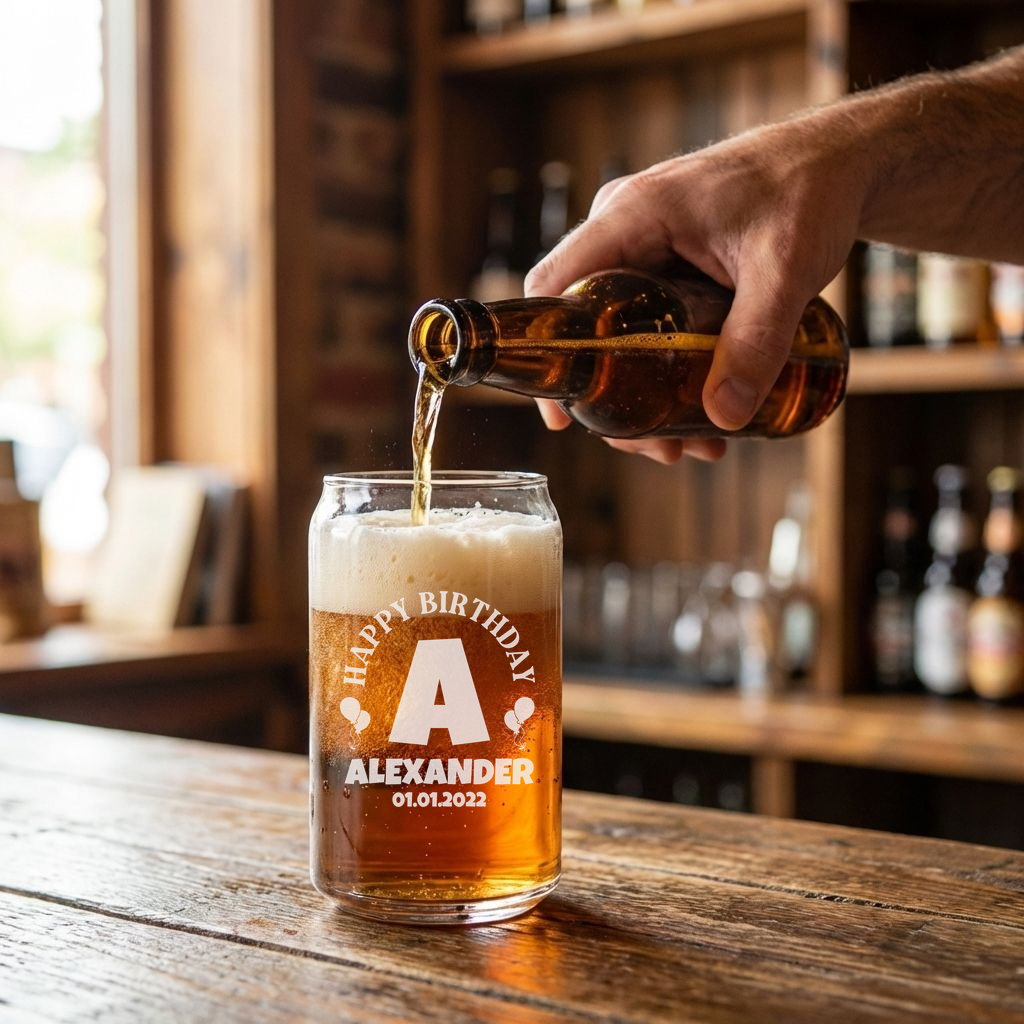 Personalized Birthday Themed Beer Can Custom Engraved 16 oz Beer Can Glass