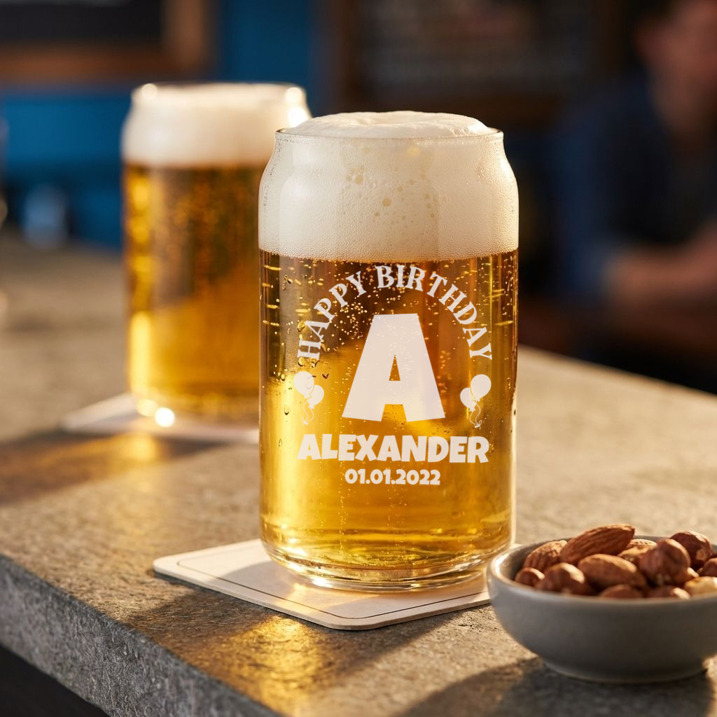 Personalized Birthday Themed Beer Can Custom Engraved 16 oz Beer Can Glass