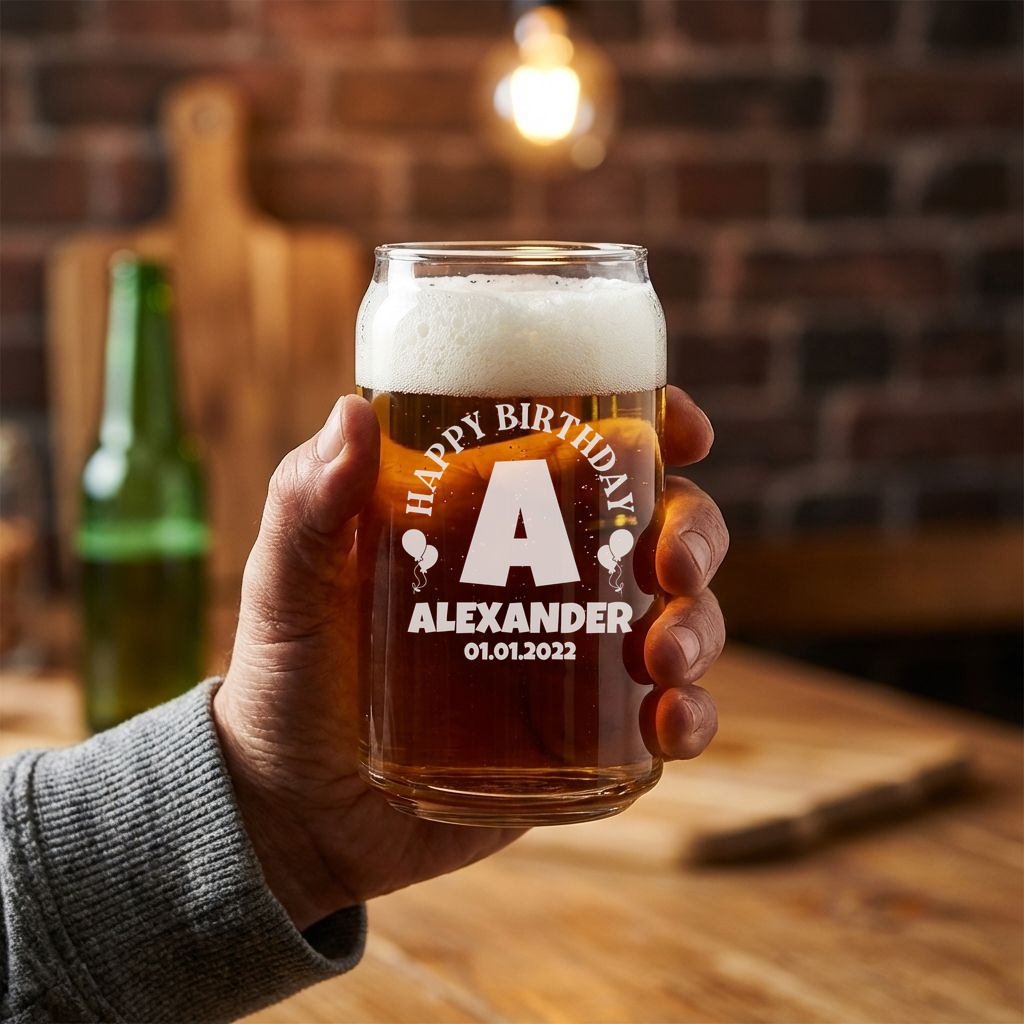 Personalized Birthday Themed Beer Can Custom Engraved 16 oz Beer Can Glass