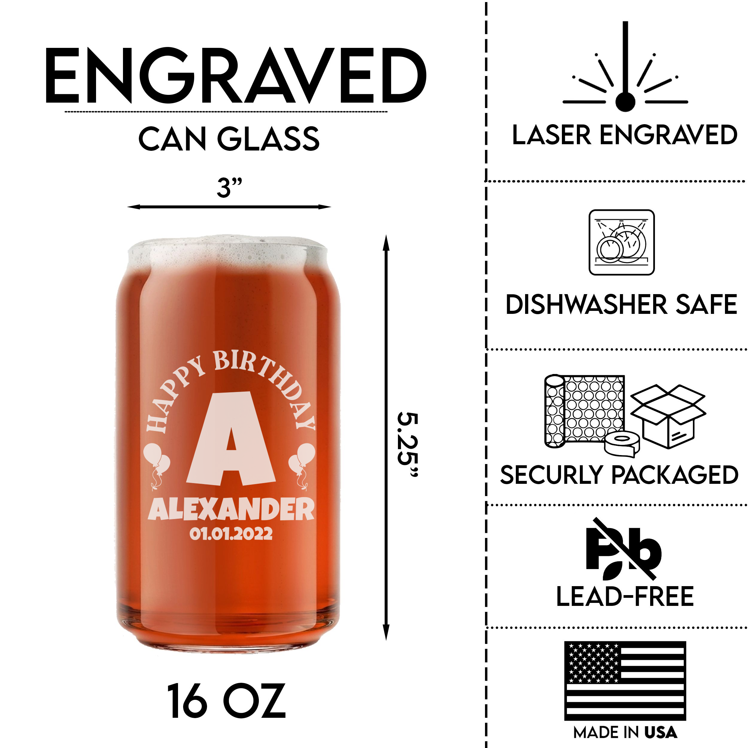 Personalized Birthday Themed Beer Can Custom Engraved 16 oz Beer Can Glass