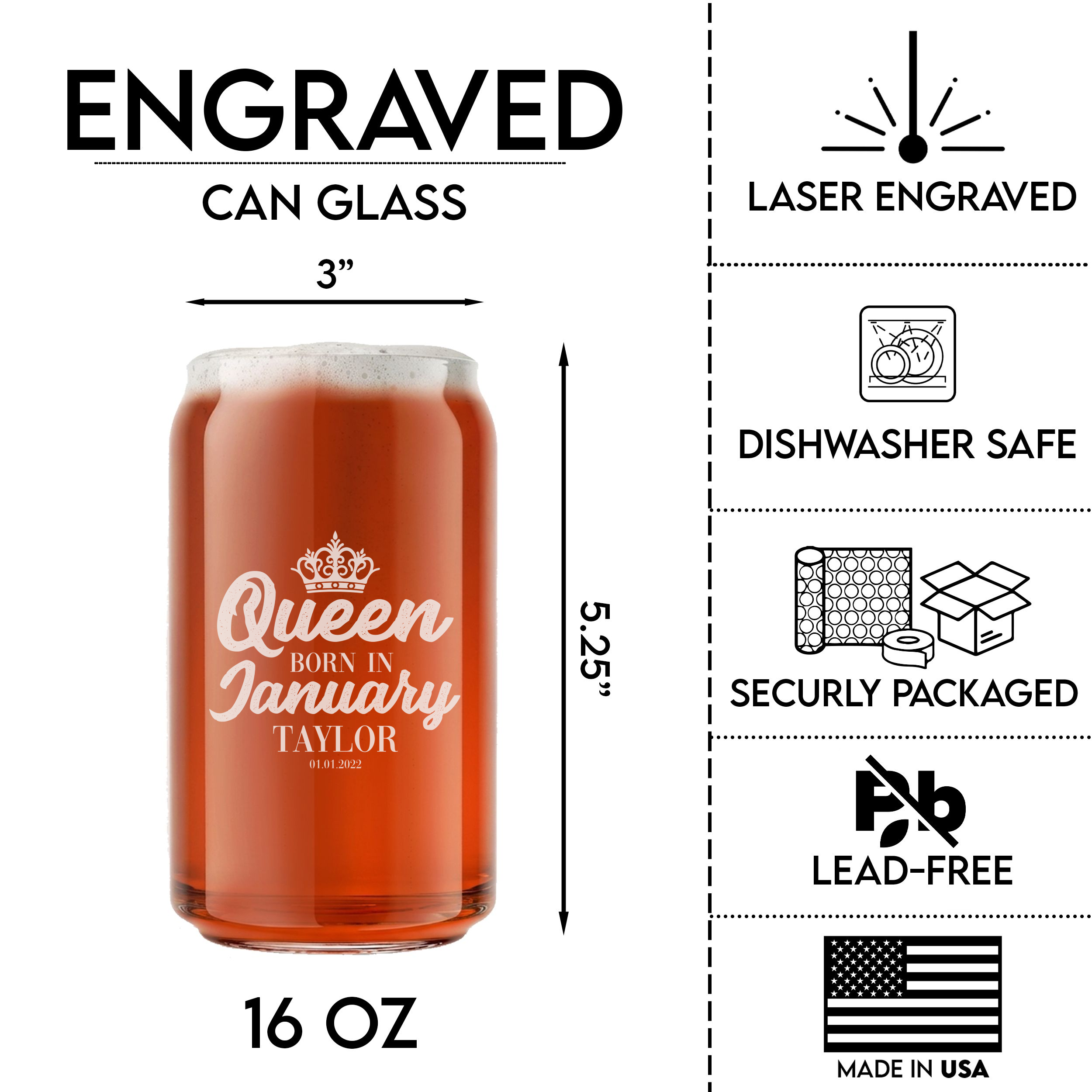 Personalized Birthday Themed Beer Can with Name Custom Engraved 16 oz Beer Can Glass