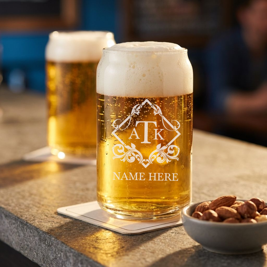 Personalized 3 Letter Monogram Beer Can Custom Engraved 16 oz Beer Can Glass