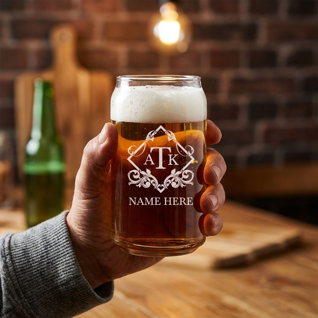 Personalized 3 Letter Monogram Beer Can Custom Engraved 16 oz Beer Can Glass