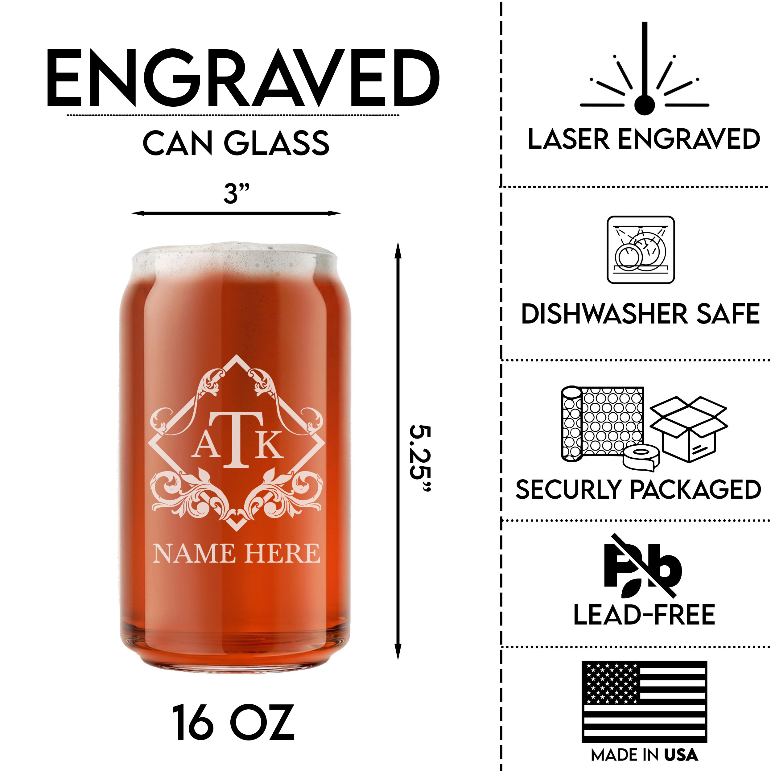 Personalized 3 Letter Monogram Beer Can Custom Engraved 16 oz Beer Can Glass