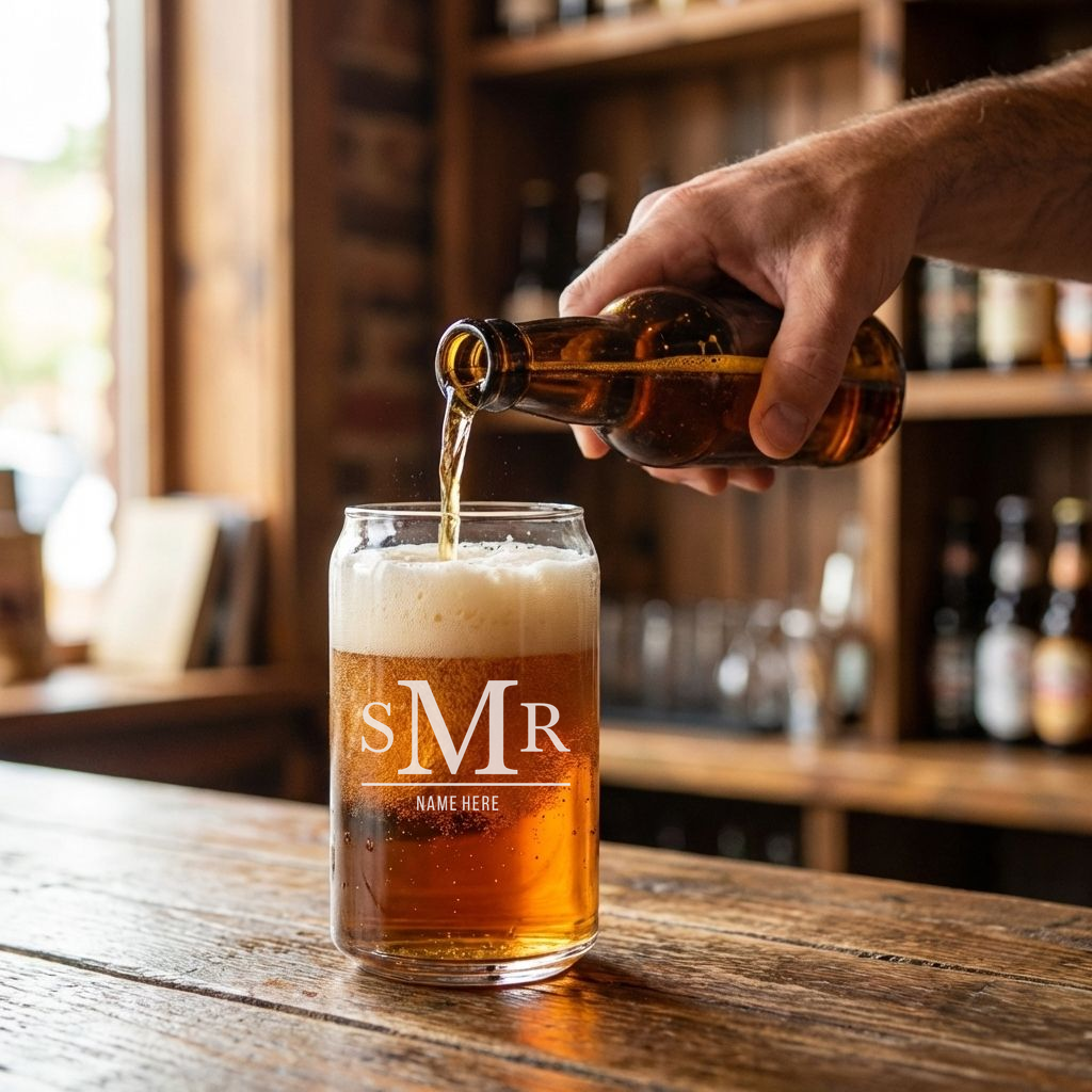 Personalized 3 Letter Monogram with Name Beer Can Custom Engraved 16 oz Beer Can Glass