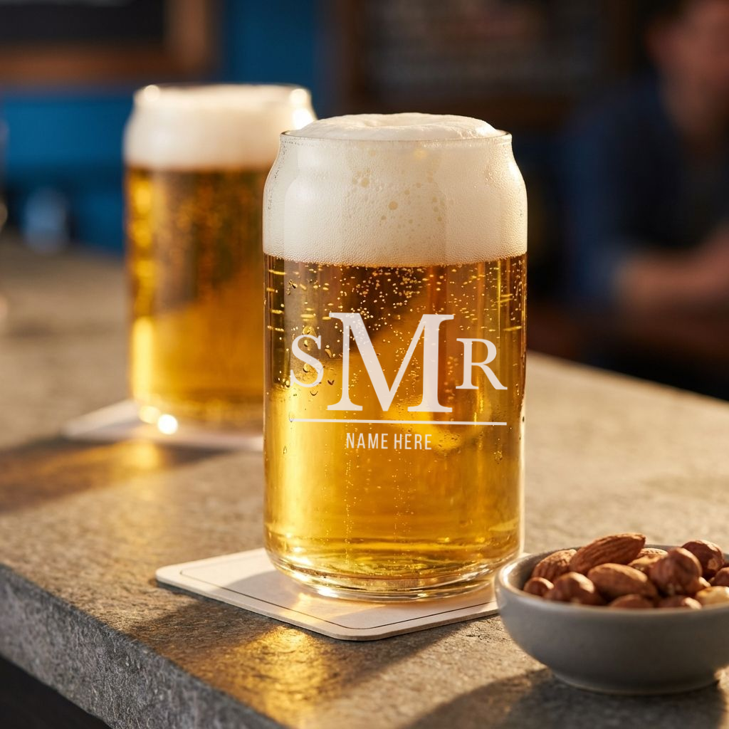 Personalized 3 Letter Monogram with Name Beer Can Custom Engraved 16 oz Beer Can Glass