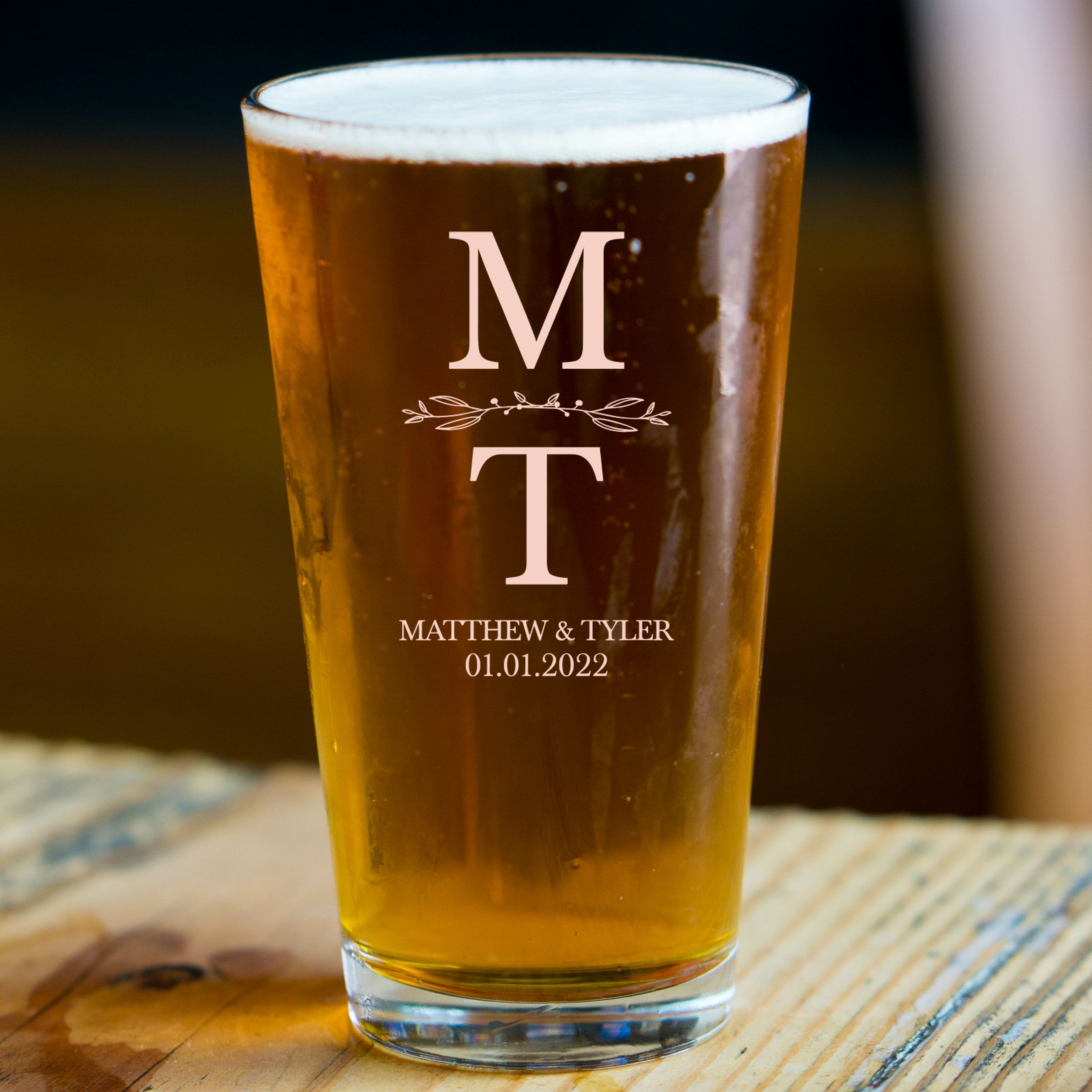 Personalized Wedding Themed Pint Glass Custom Engraved 16 oz Tall Pint Glass