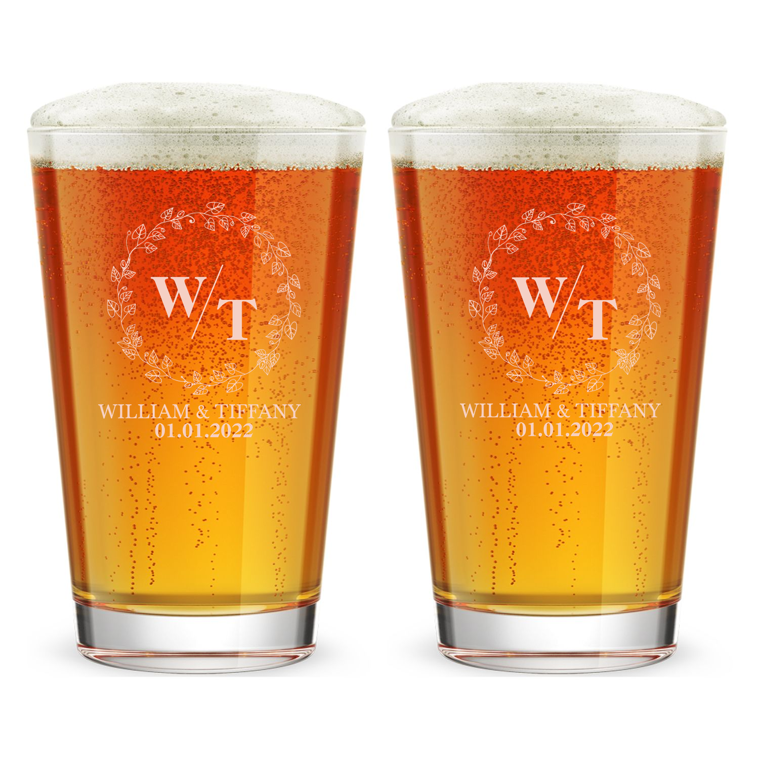 Personalized Wedding Themed Pint Glass with Names Custom Engraved 16 oz Tall Pint Glass