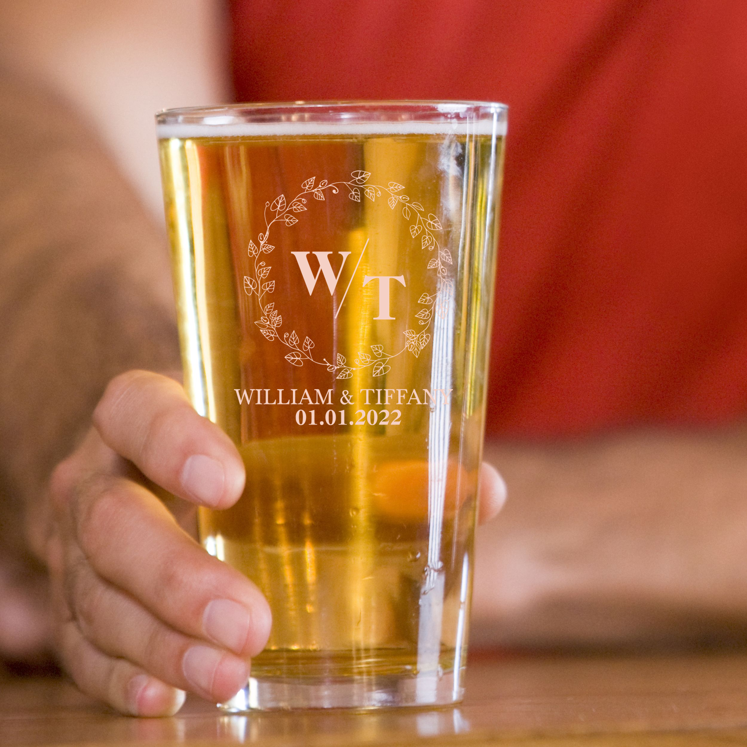 Personalized Wedding Themed Pint Glass with Names Custom Engraved 16 oz Tall Pint Glass