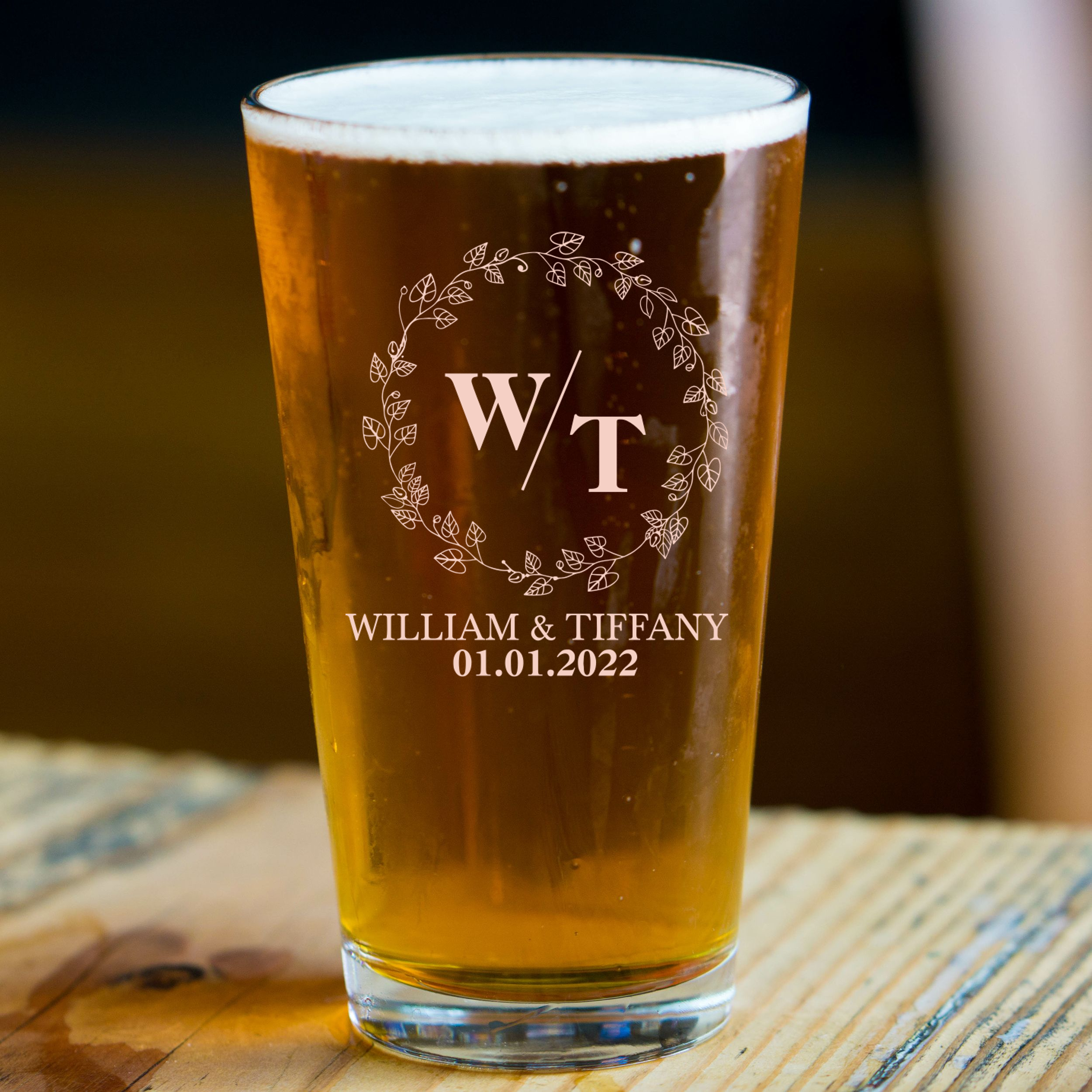 Personalized Wedding Themed Pint Glass with Names Custom Engraved 16 oz Tall Pint Glass