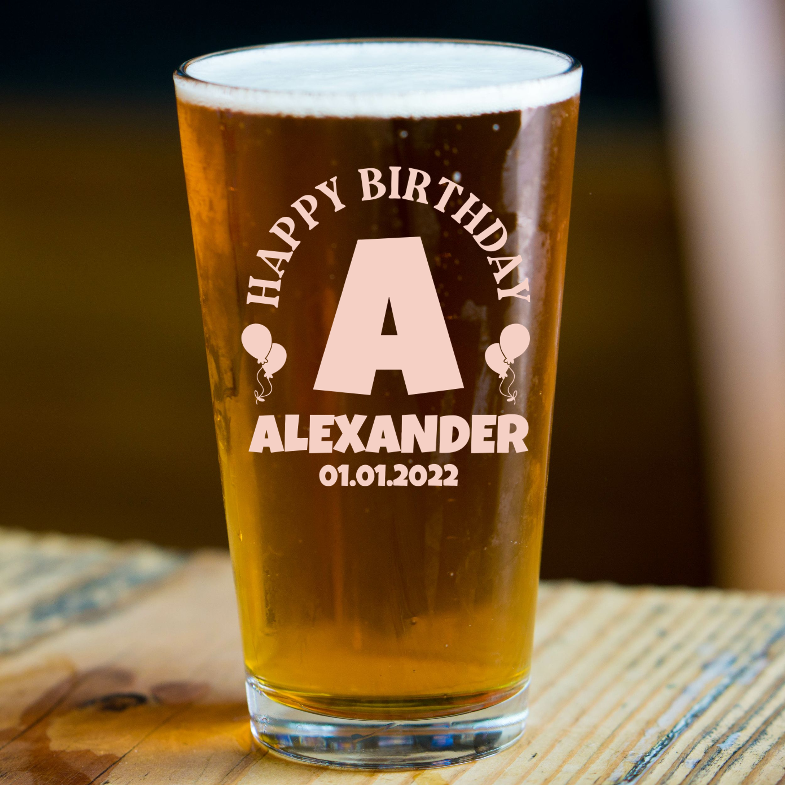 Personalized Birthday Themed Pint Glass Custom Engraved 16 oz Tall Pint Glass