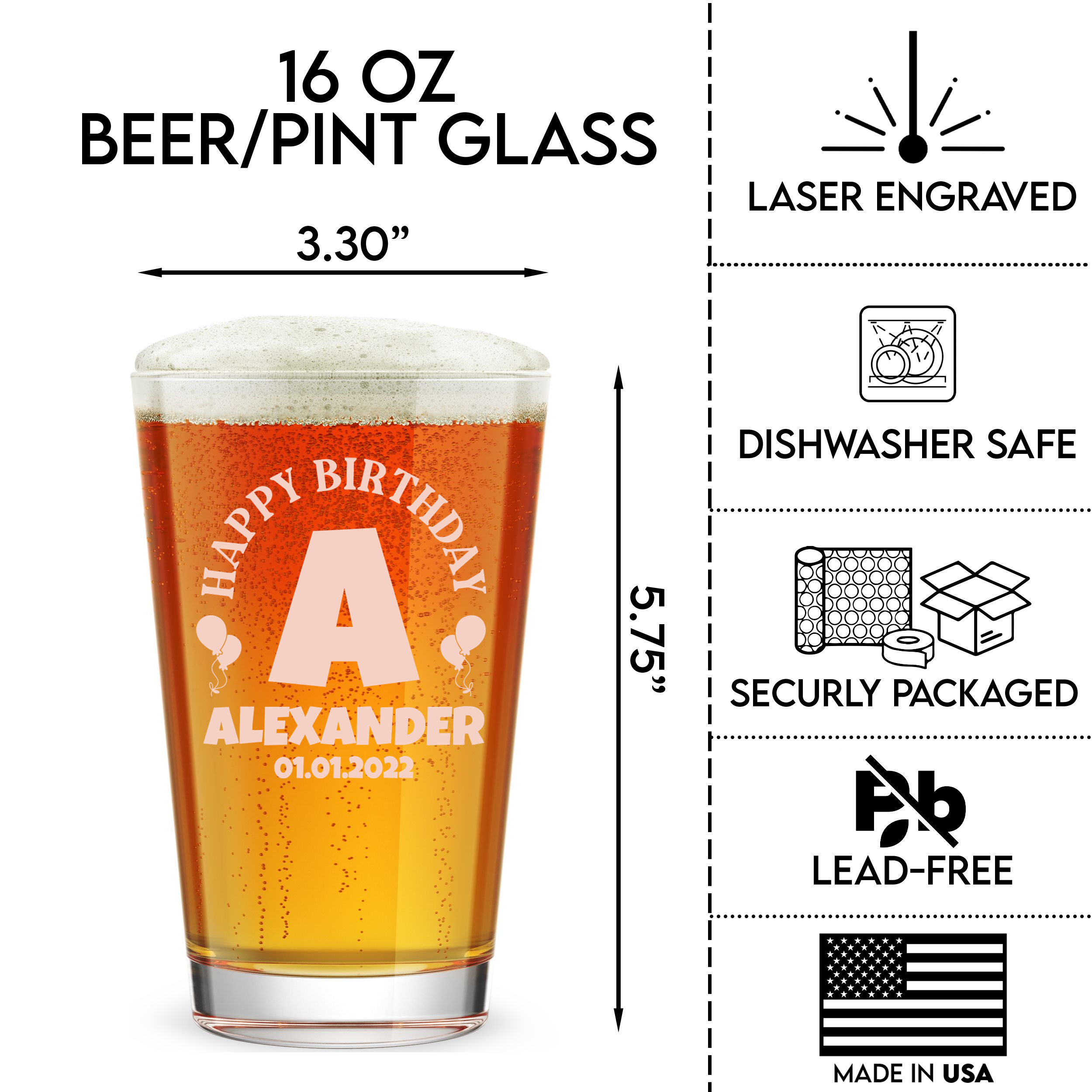 Personalized Birthday Themed Pint Glass Custom Engraved 16 oz Tall Pint Glass