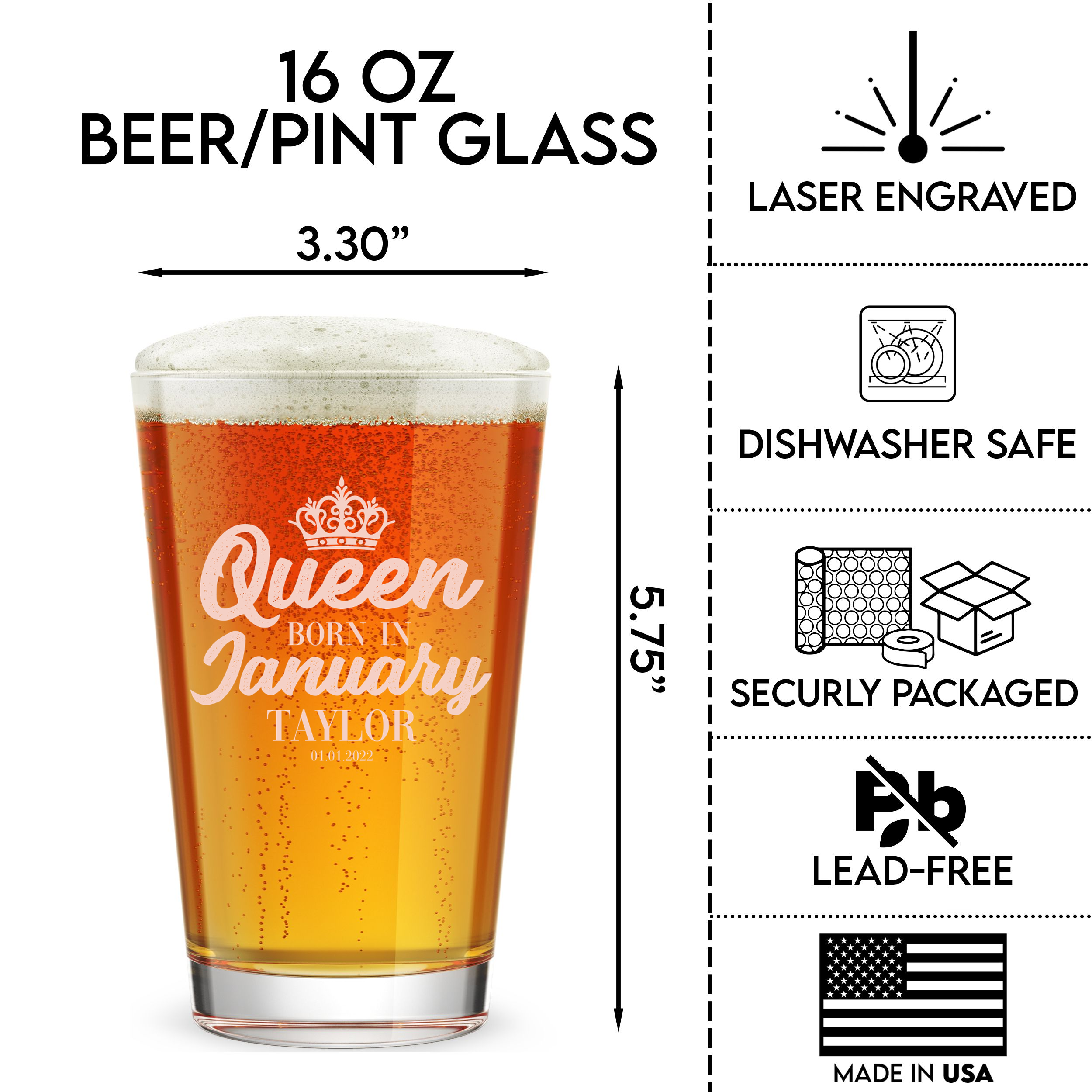 Personalized Birthday Themed Pint Glass with Name Custom Engraved 16 oz Tall Pint Glass