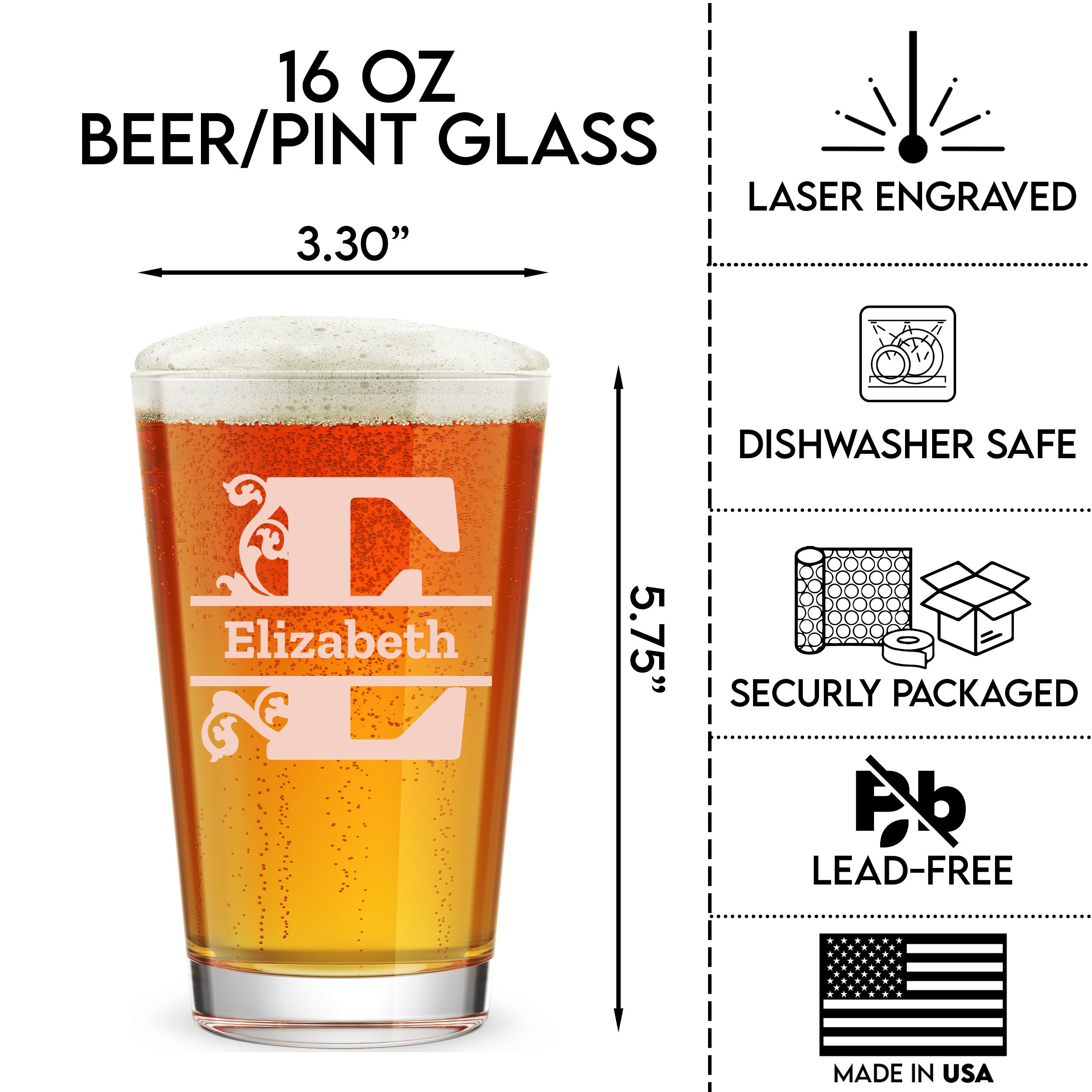 Personalized 1 Letter Monogram Pint Glass Custom Engraved 16 oz Tall Pint Glass