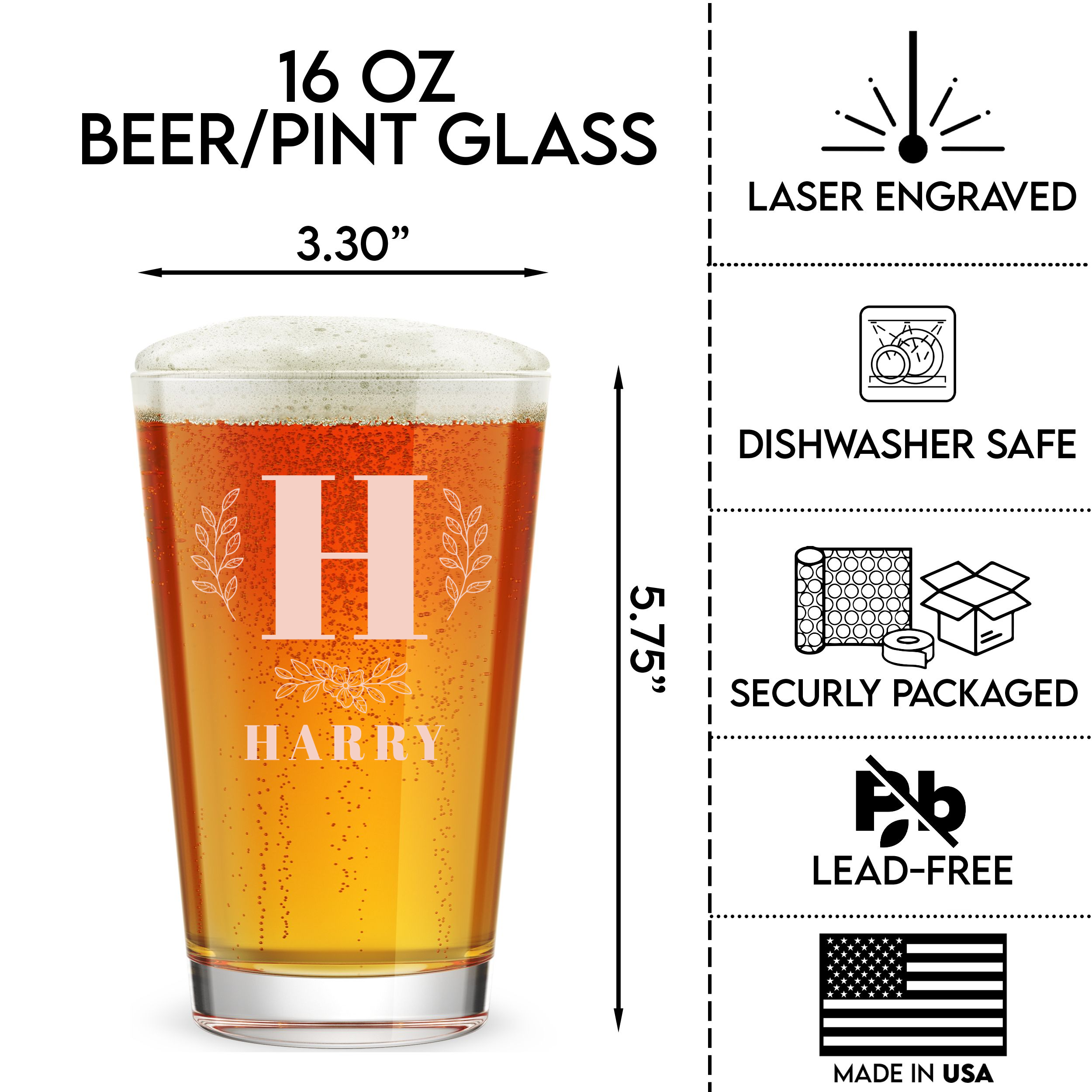 Personalized 1 Letter with Name Monogram Pint Glass Custom Engraved 16 oz Tall Pint Glass