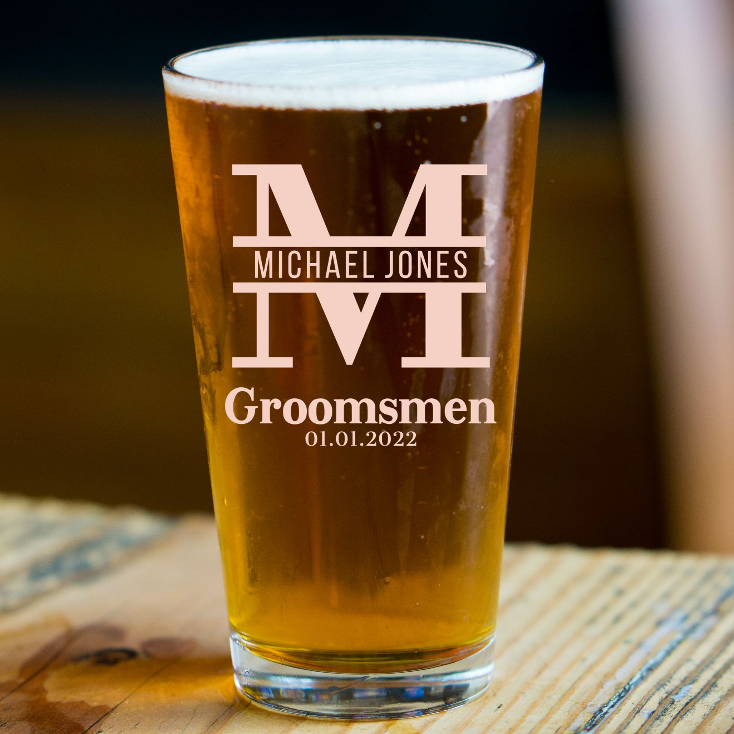 Personalized Groomsmen Themed Pint Glass Custom Engraved 16 oz Tall Pint Glass