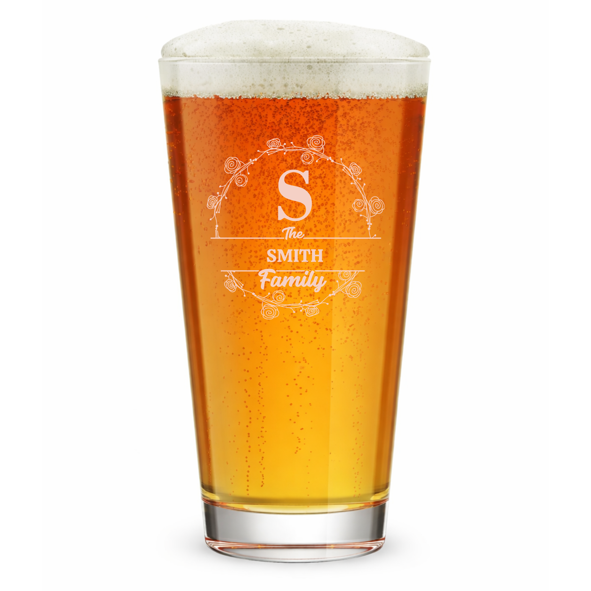Personalized Pint Glass with Family Name Custom Engraved 16 oz Tall Pint Glass