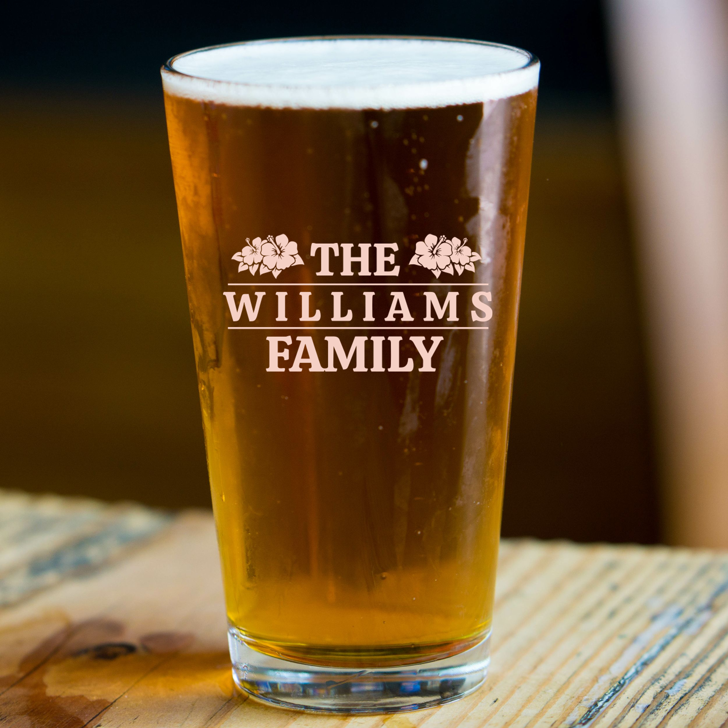 Personalized Pint Glass with Family Name Custom Engraved 16 oz Tall Pint Glass