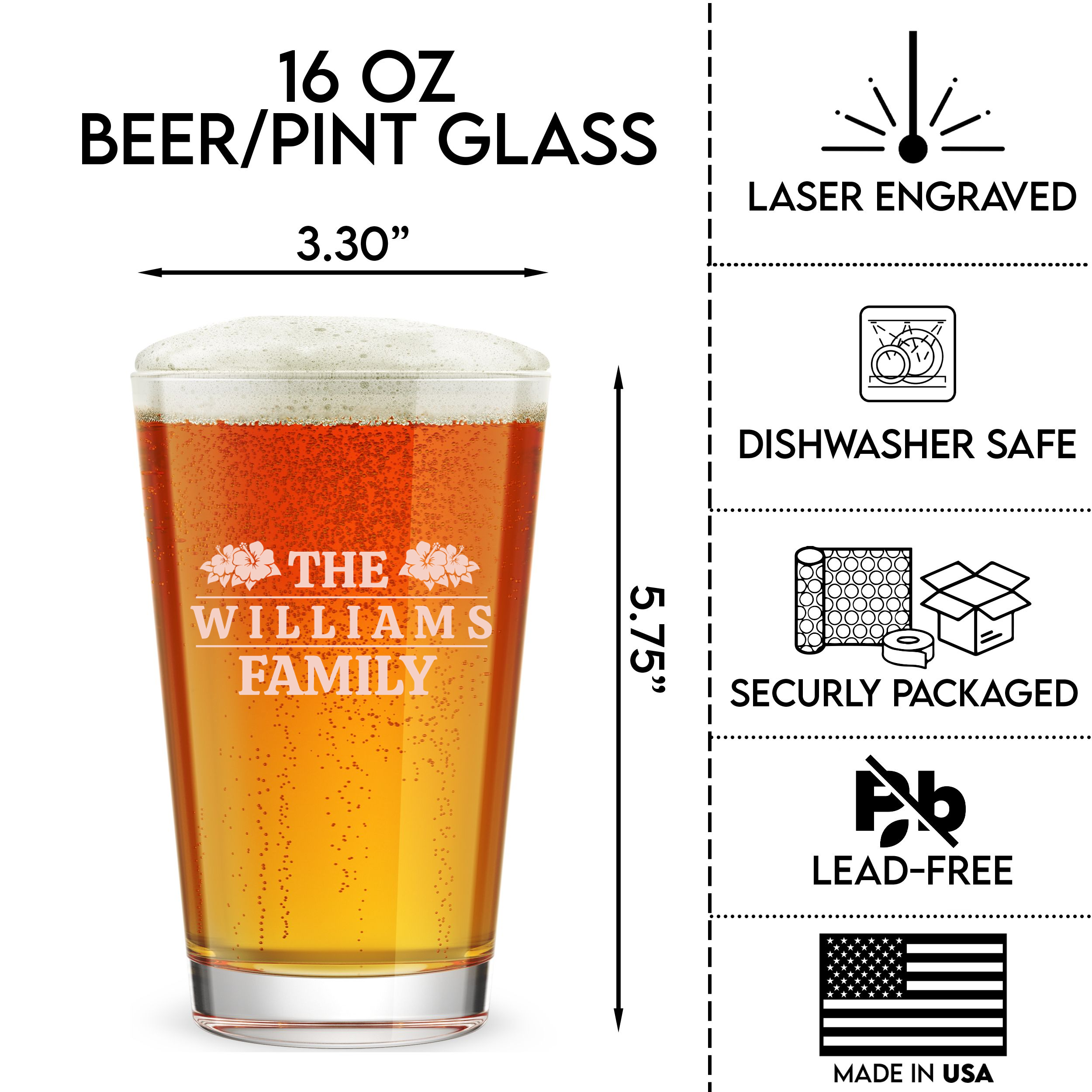 Personalized Pint Glass with Family Name Custom Engraved 16 oz Tall Pint Glass