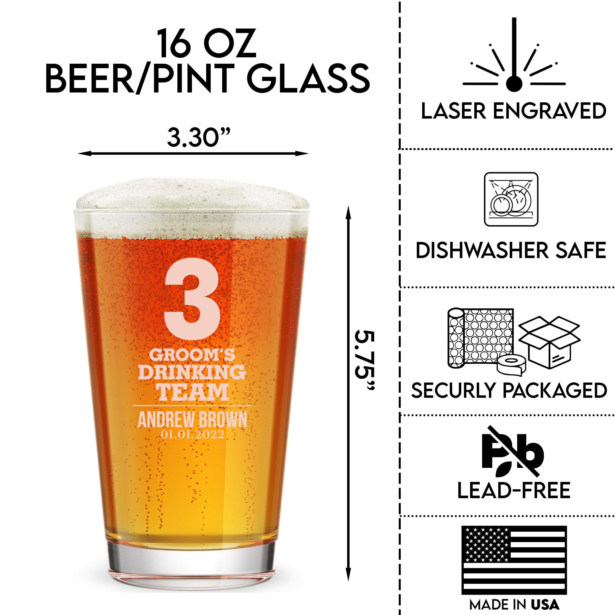 Personalized Pint Glass for Groomsmen Custom Engraved 16 oz Tall Pint Glass