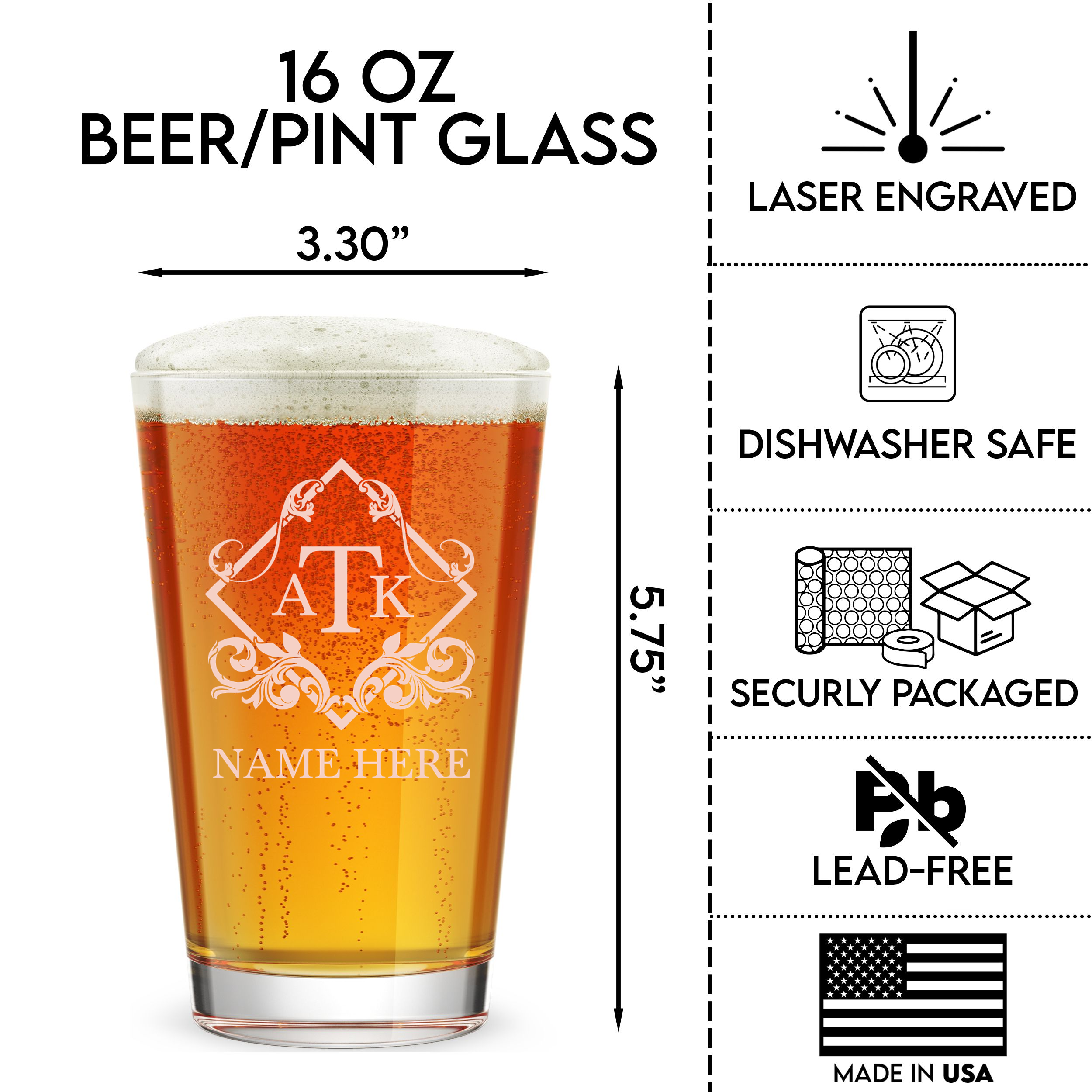 Personalized 3 Letter Monogram Pint Glass Custom Engraved 16 oz Tall Pint Glass