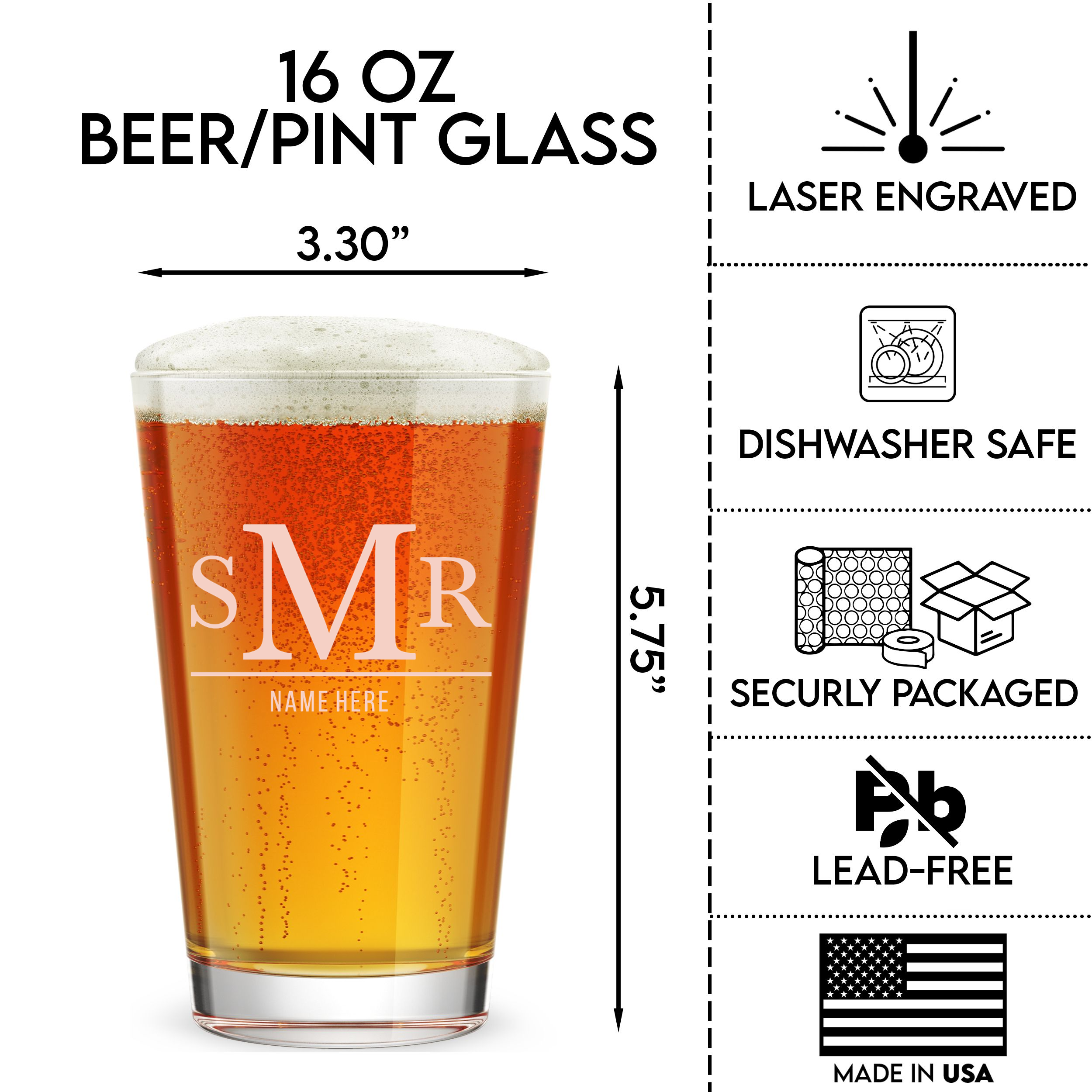 Personalized 3 Letter Monogram with Name Pint Glass Custom Engraved 16 oz Tall Pint Glass