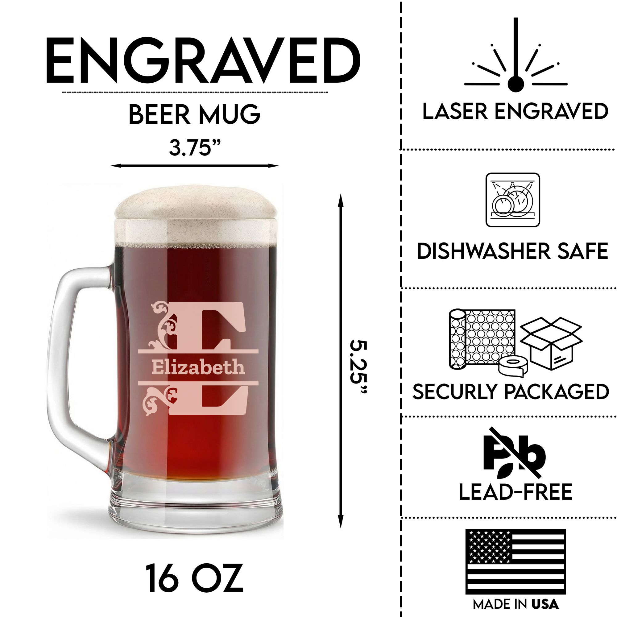 Personalized 1 Letter Monogram Beer Mug Custom Engraved 16 oz Glass Beer Mug