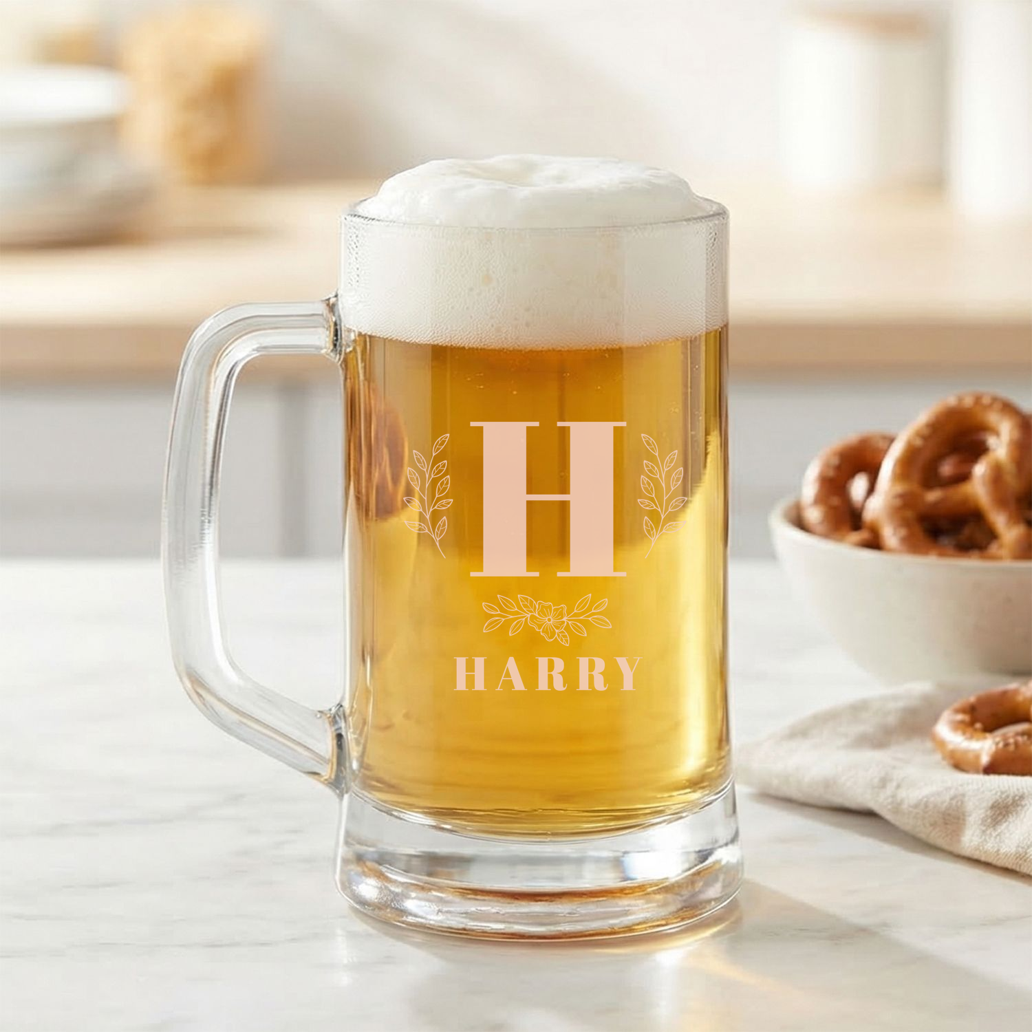 Personalized 1 Letter with Name Monogram Beer Mug Custom Engraved 16 oz Glass Beer Mug