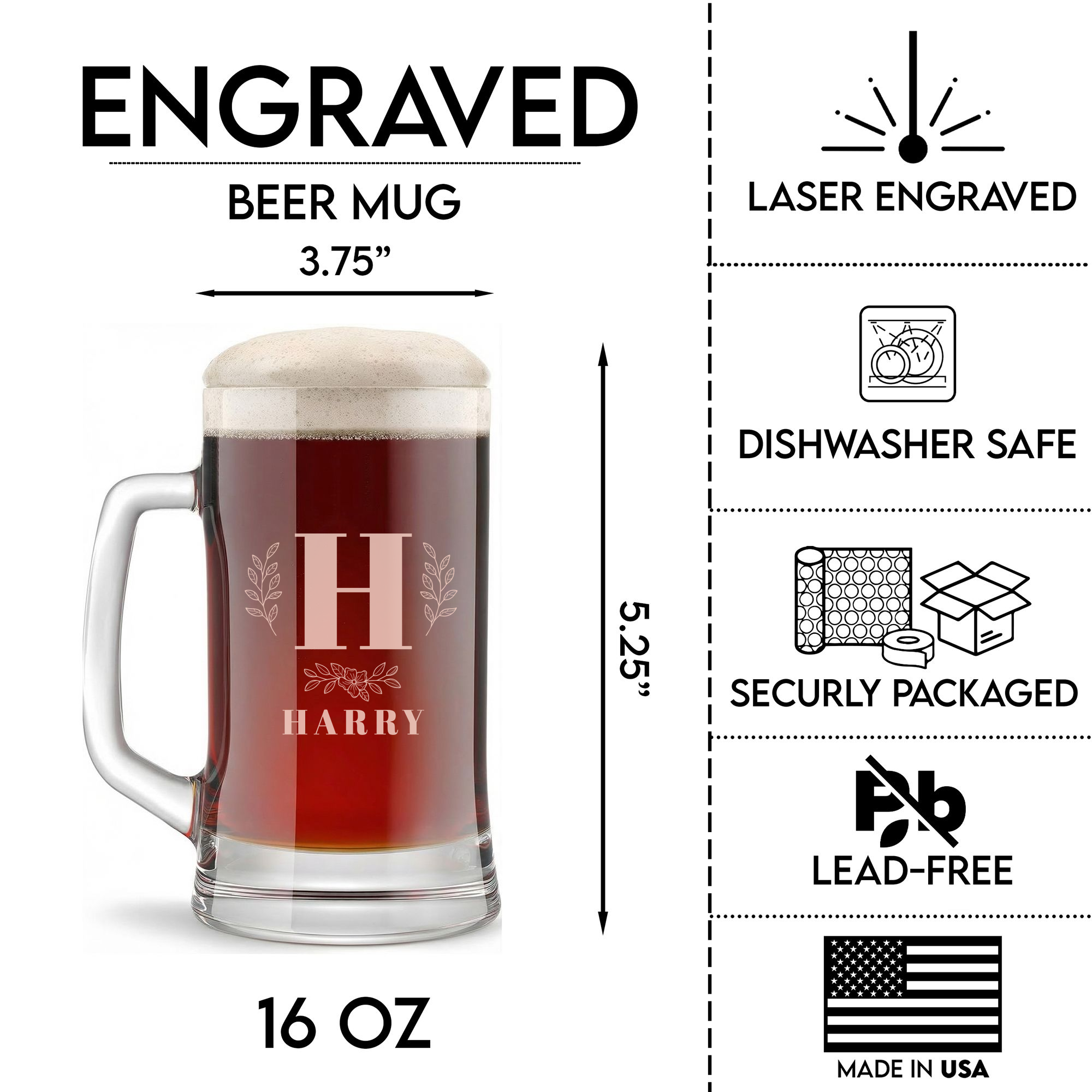 Personalized 1 Letter with Name Monogram Beer Mug Custom Engraved 16 oz Glass Beer Mug