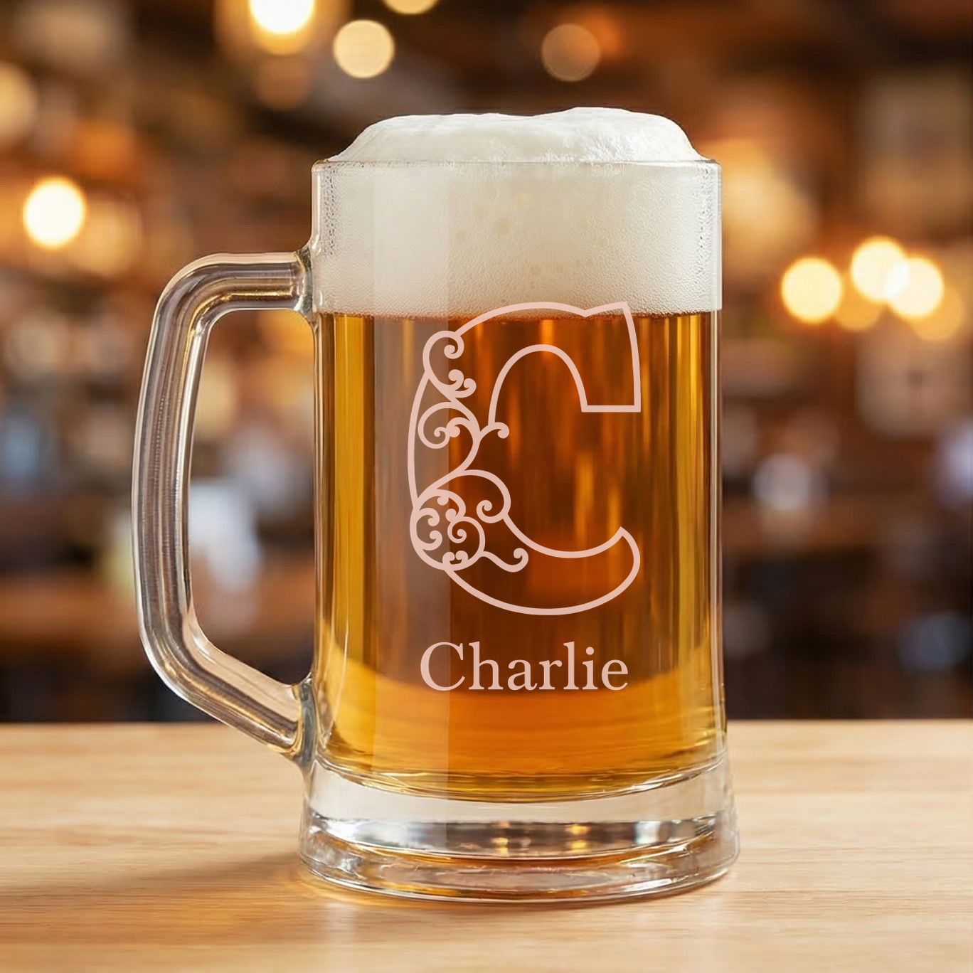Personalized 1 Letter Floral Themed Monogram Beer Mug Custom Engraved 16 oz Glass Beer Mug