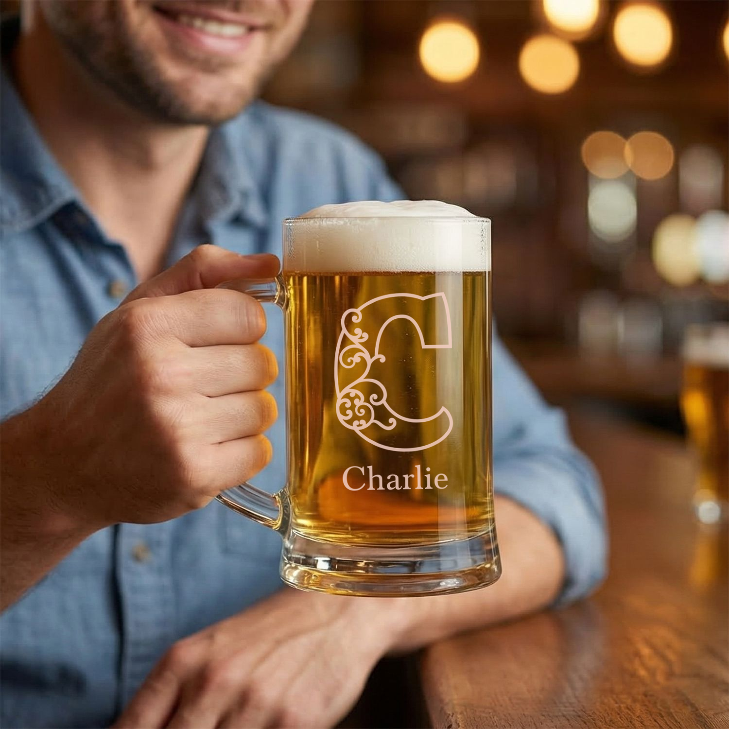 Personalized 1 Letter Floral Themed Monogram Beer Mug Custom Engraved 16 oz Glass Beer Mug