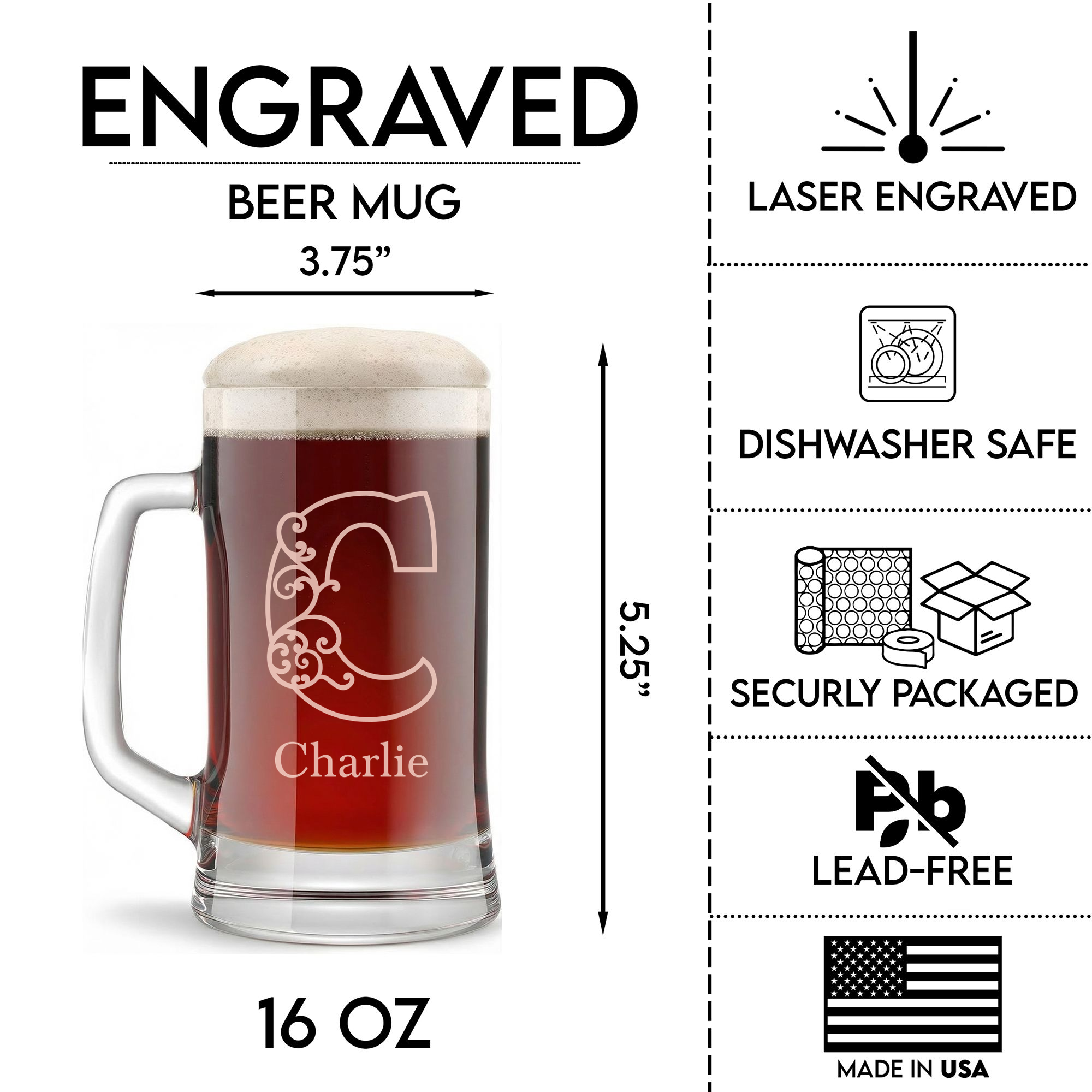 Personalized 1 Letter Floral Themed Monogram Beer Mug Custom Engraved 16 oz Glass Beer Mug