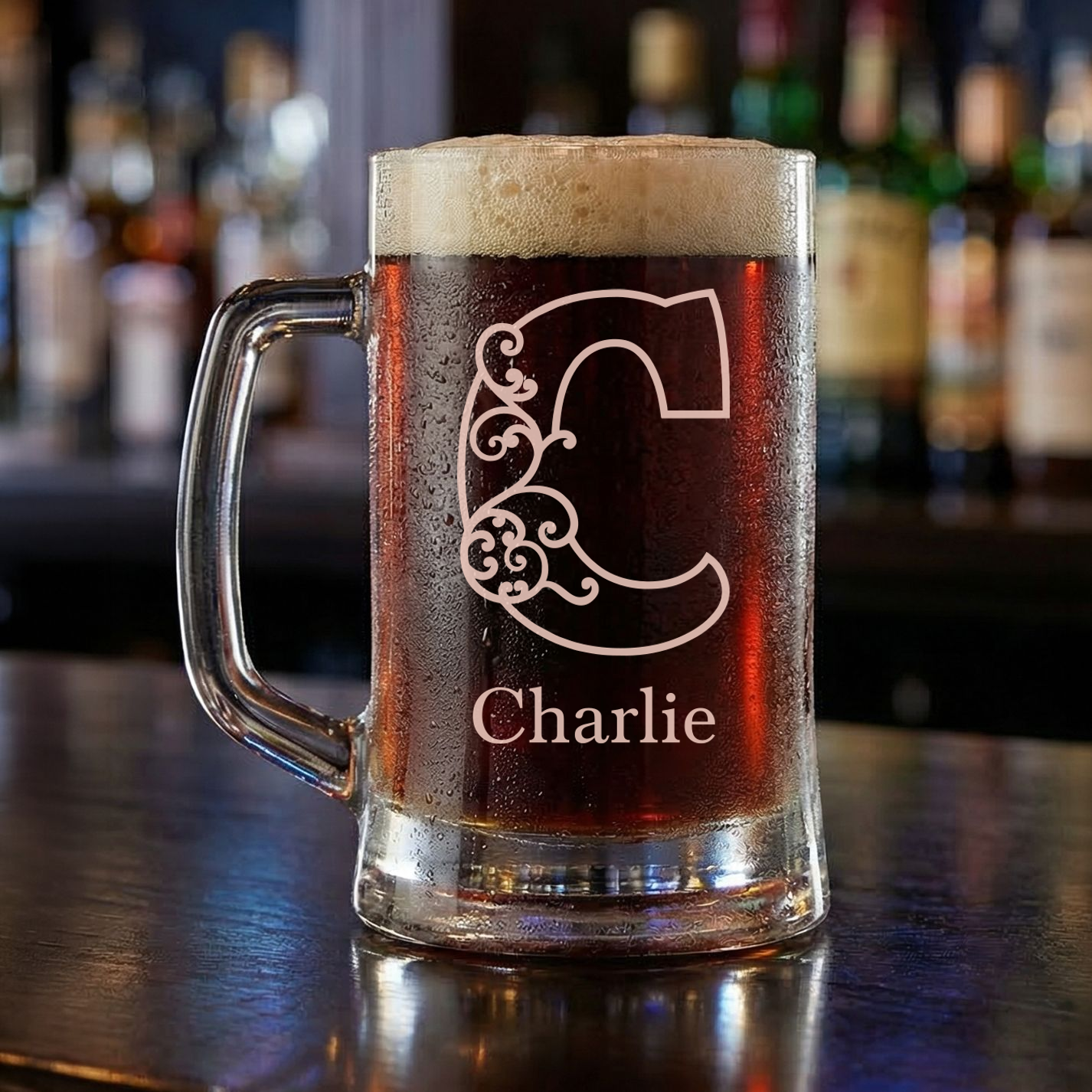 Personalized 1 Letter Floral Themed Monogram Beer Mug Custom Engraved 16 oz Glass Beer Mug